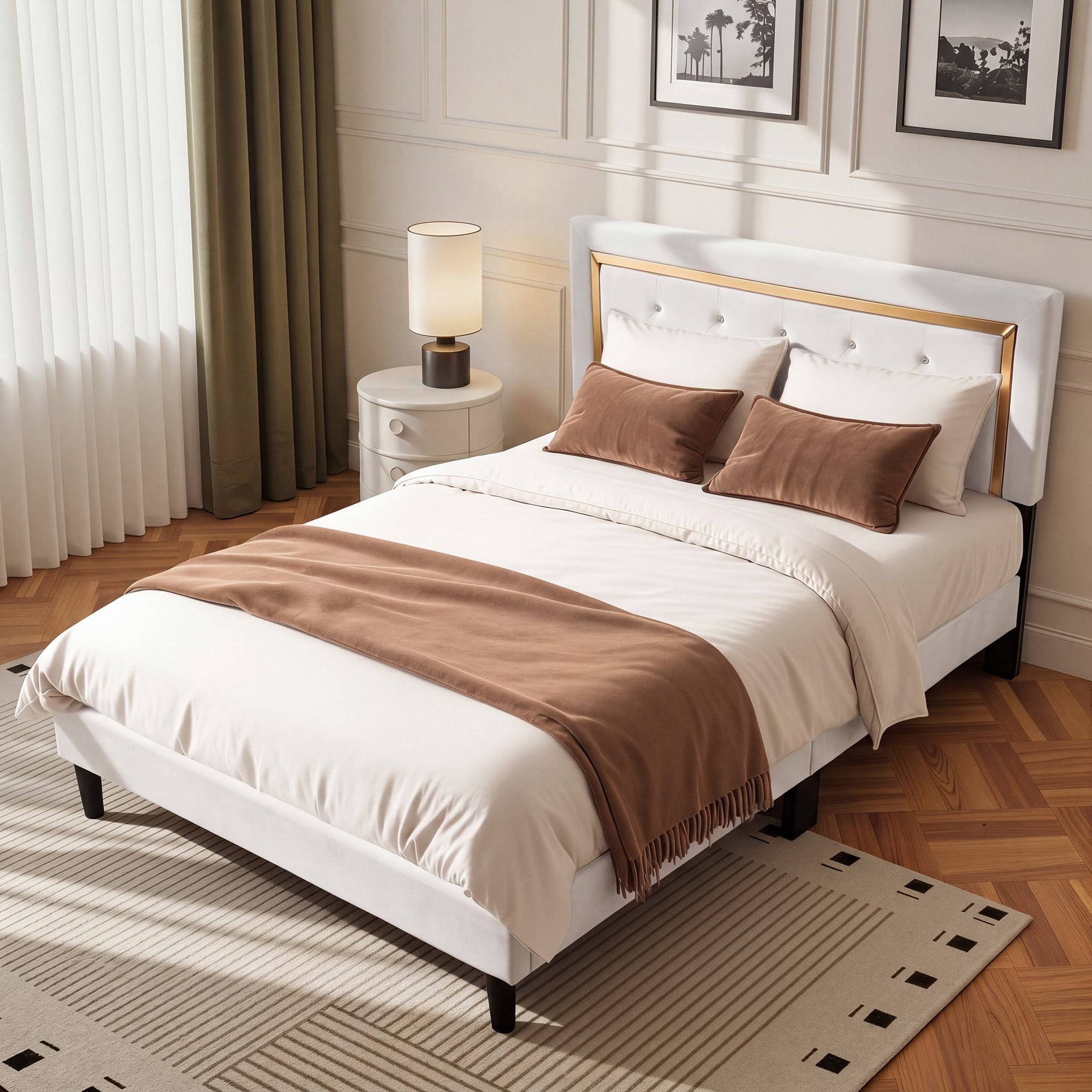 OVIOS Modern Upholstered Platform Bed Frame with Headboard No Box Spring Needed Easy Assembly Noise Free