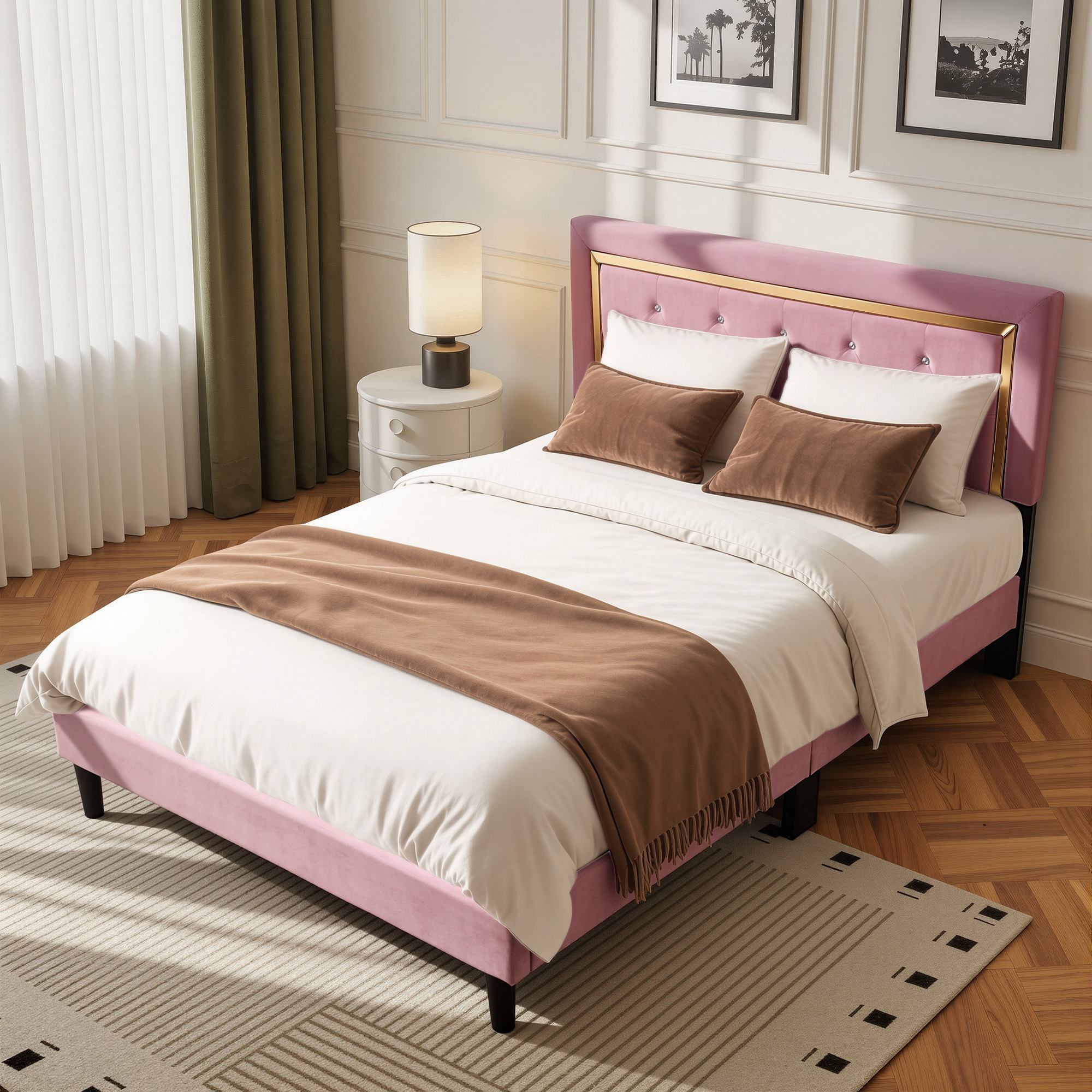 OVIOS Modern Upholstered Platform Bed Frame with Headboard No Box Spring Needed Easy Assembly Noise Free