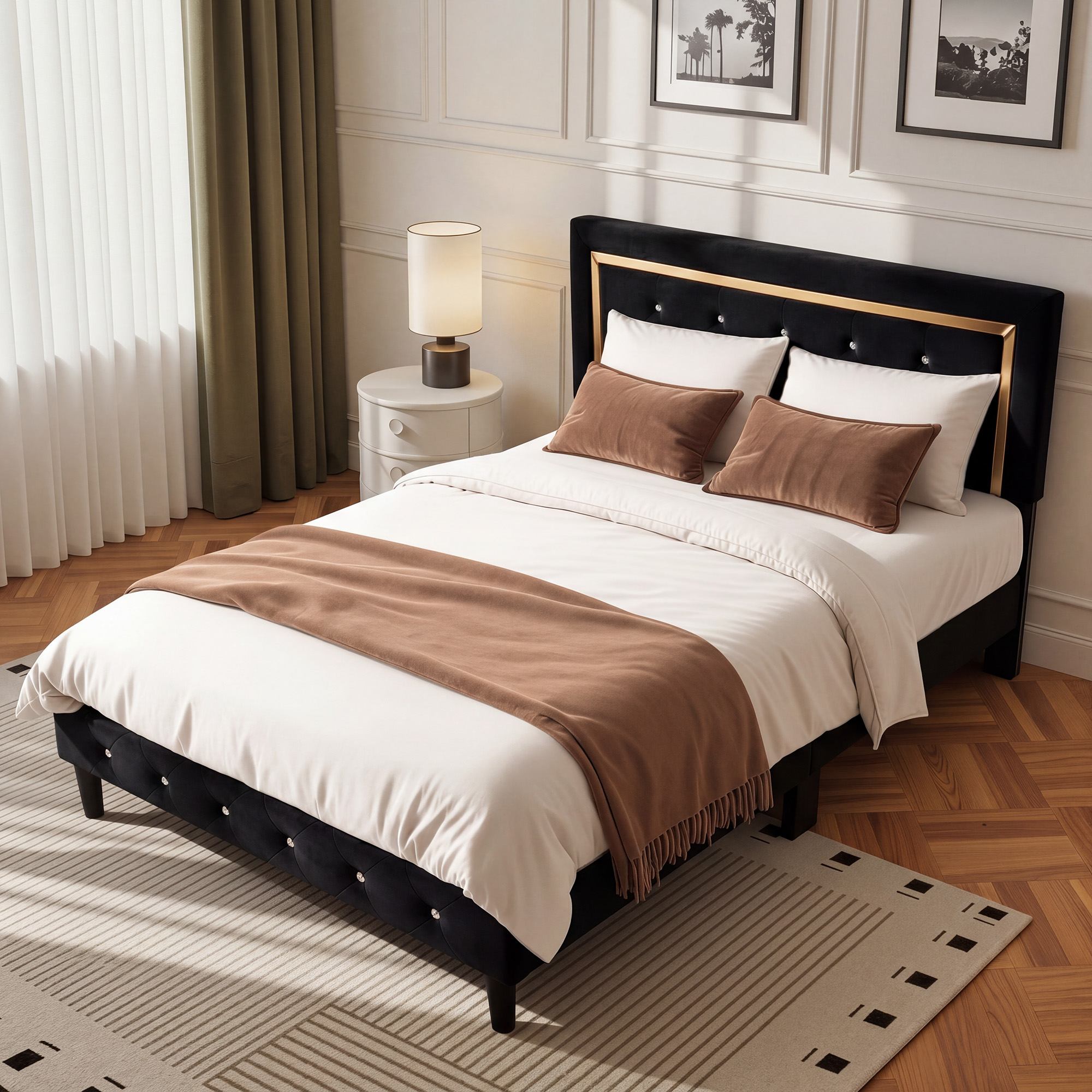 OVIOS Modern Upholstered Platform Bed Frame with Headboard No Box Spring Needed Easy Assembly Noise Free