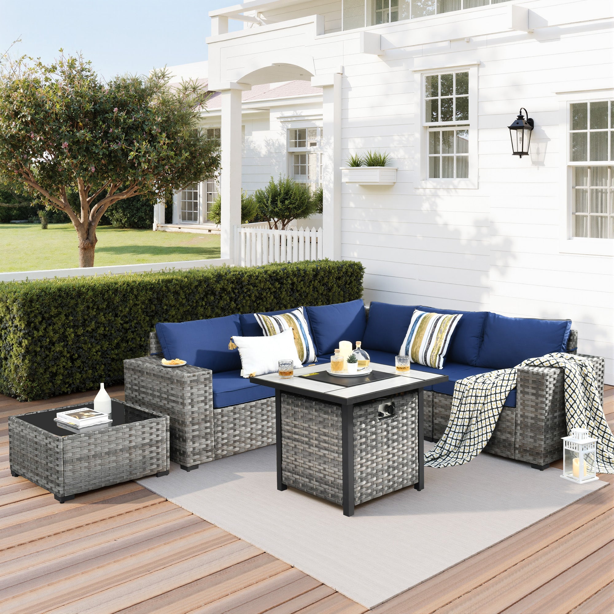Ovios Outdoor Patio Furniture Set with Fire Pit Table and Chairs with Wide Armrests