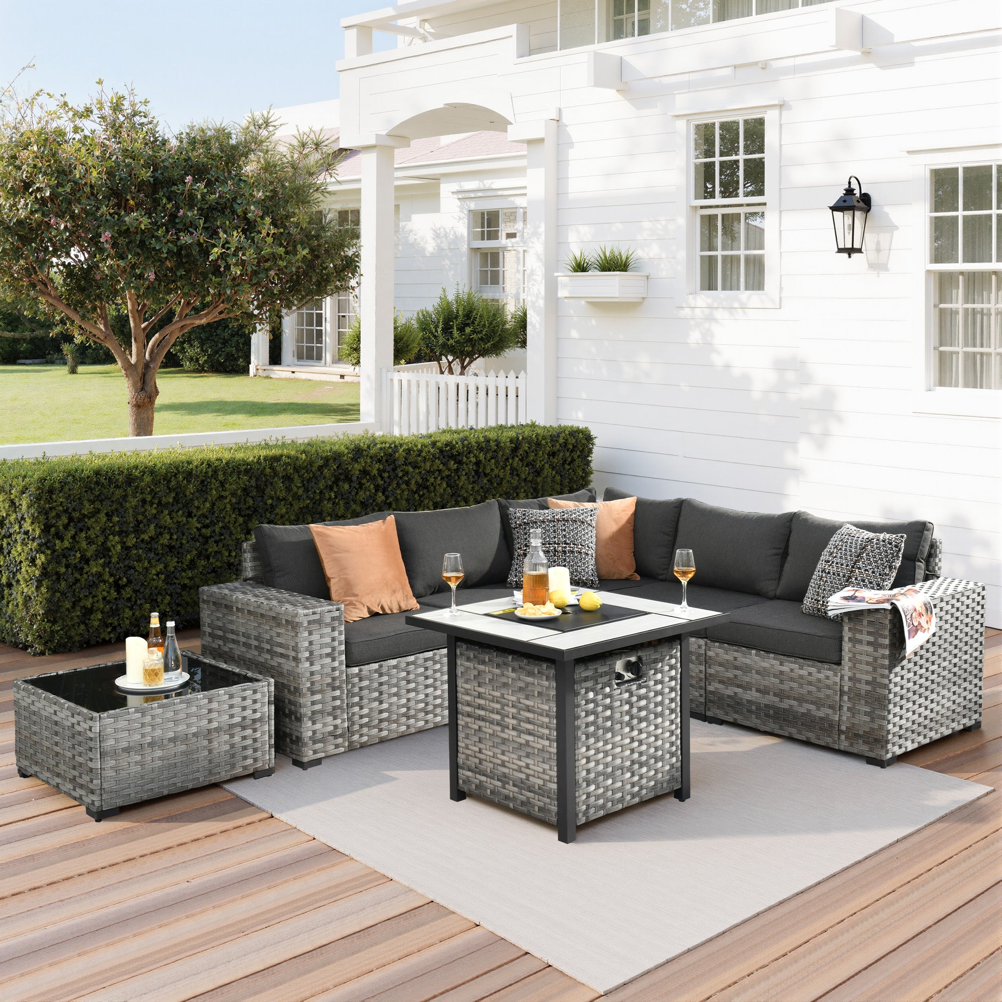 Ovios Outdoor Patio Furniture Set with Fire Pit Table and Chairs with Wide Armrests