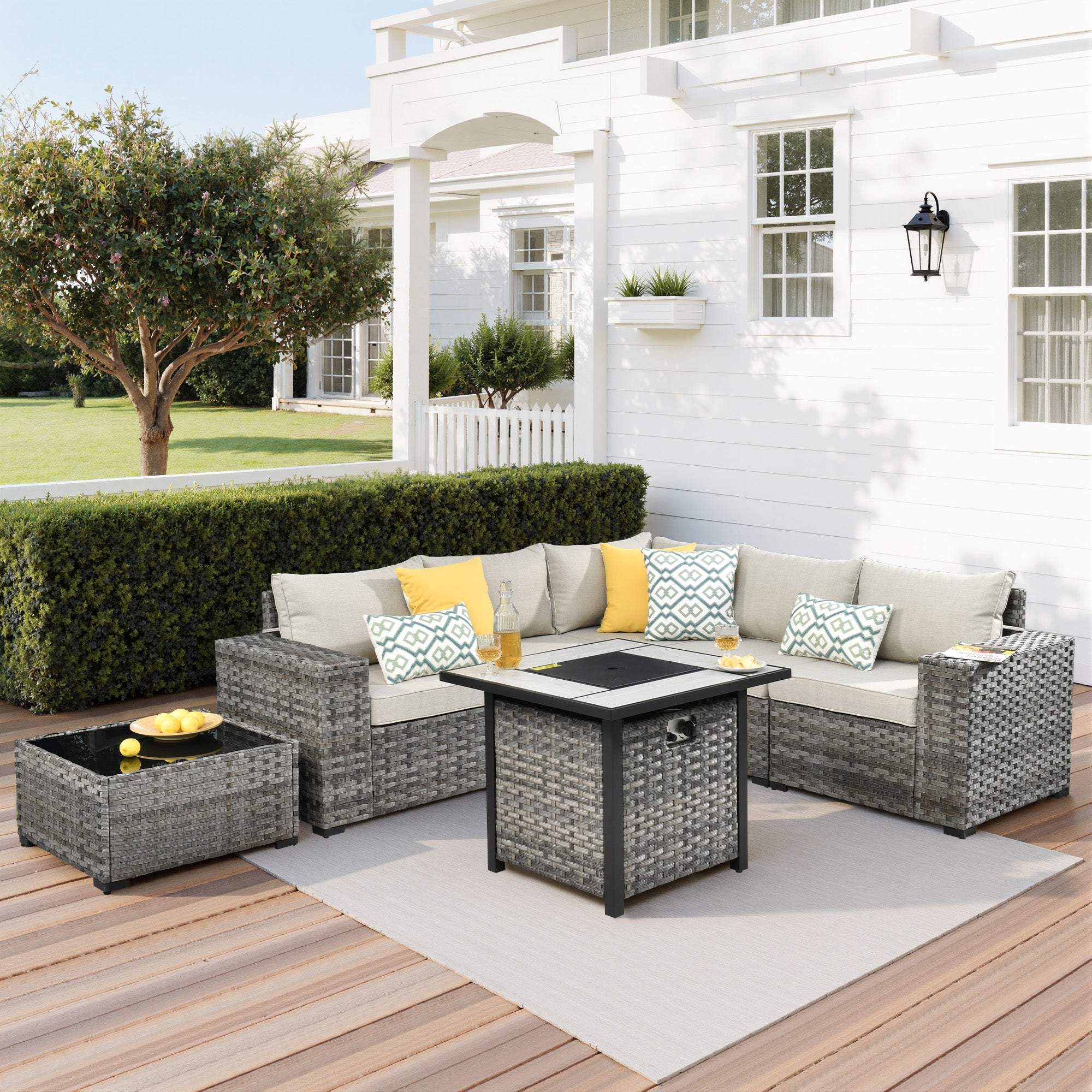 Ovios Outdoor Patio Furniture Set with Fire Pit Table and Chairs with Wide Armrests