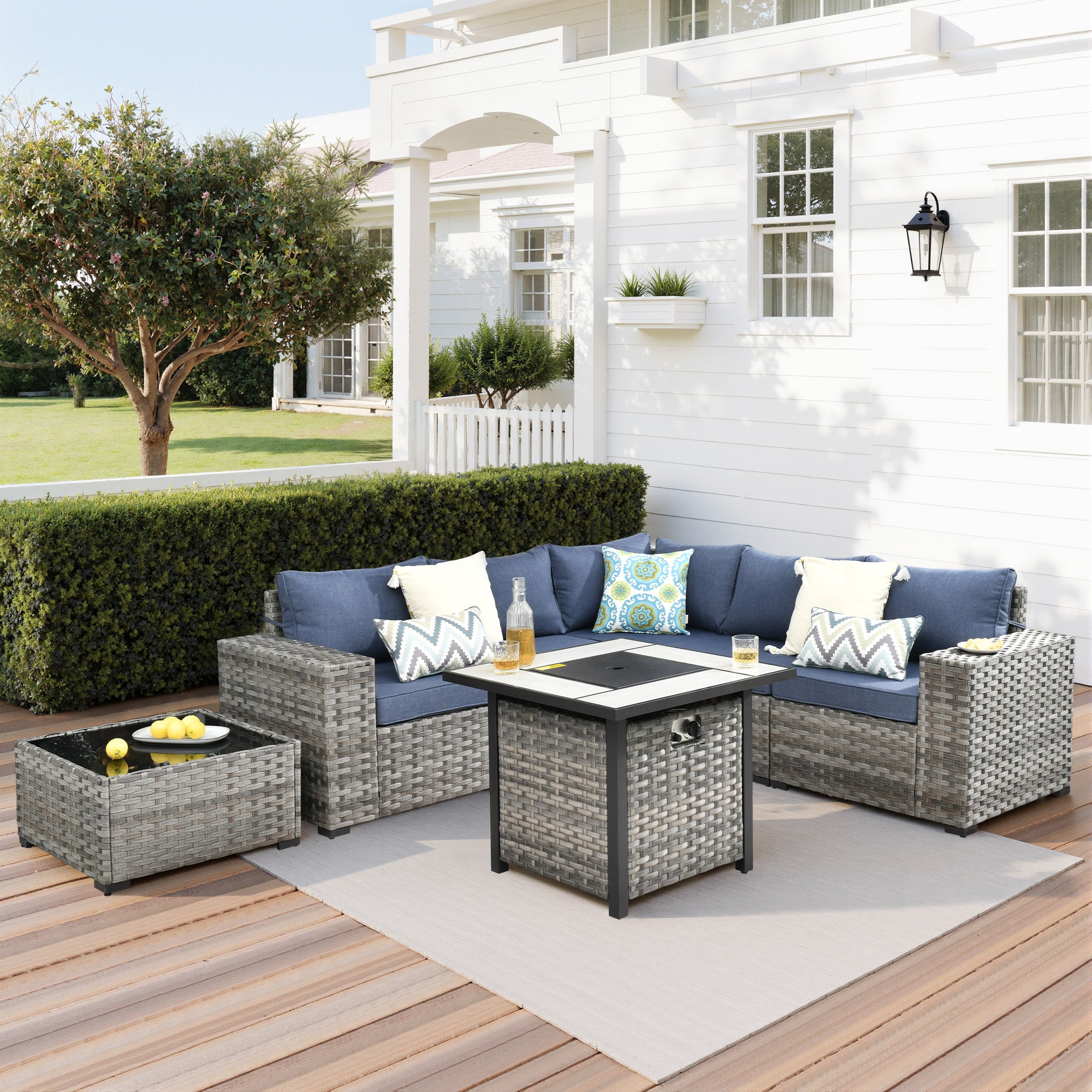 Ovios Outdoor Patio Furniture Set with Fire Pit Table and Chairs with Wide Armrests