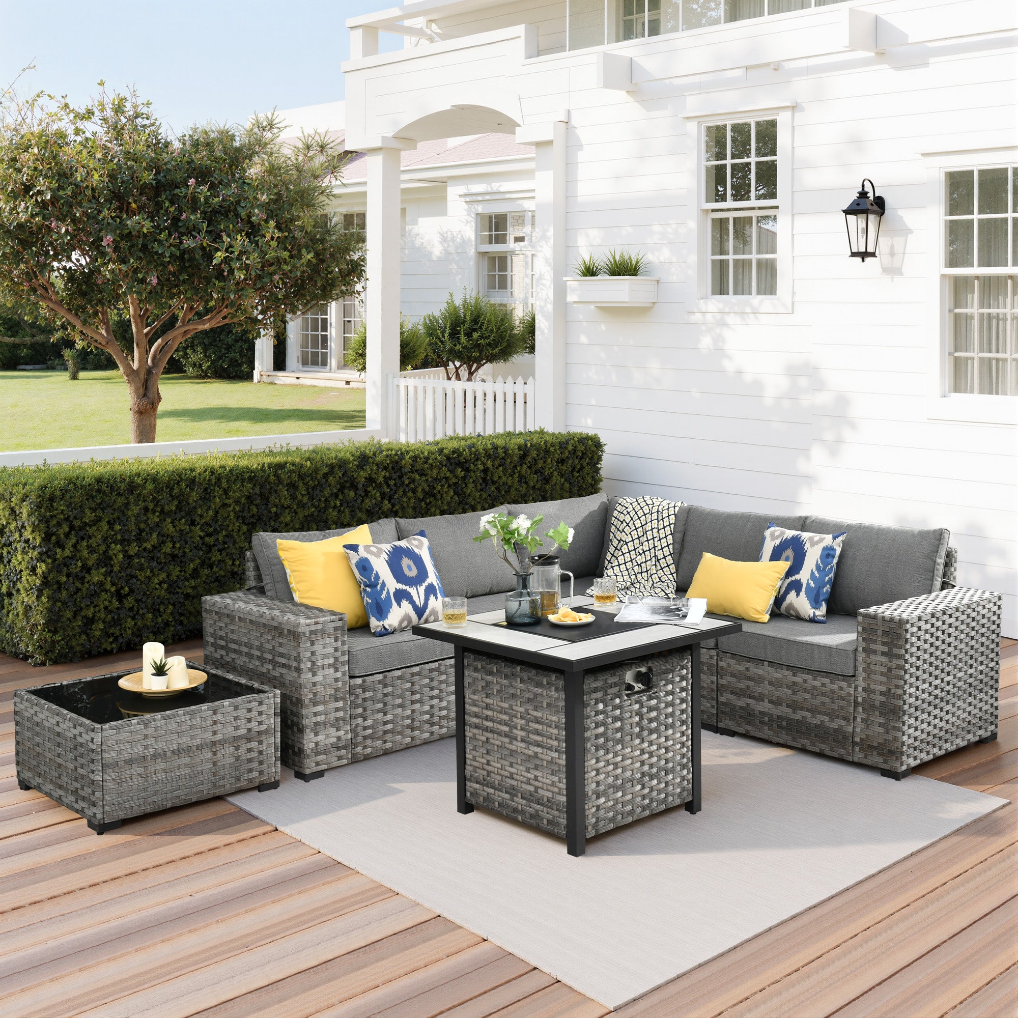 Ovios Outdoor Patio Furniture Set with Fire Pit Table and Chairs with Wide Armrests