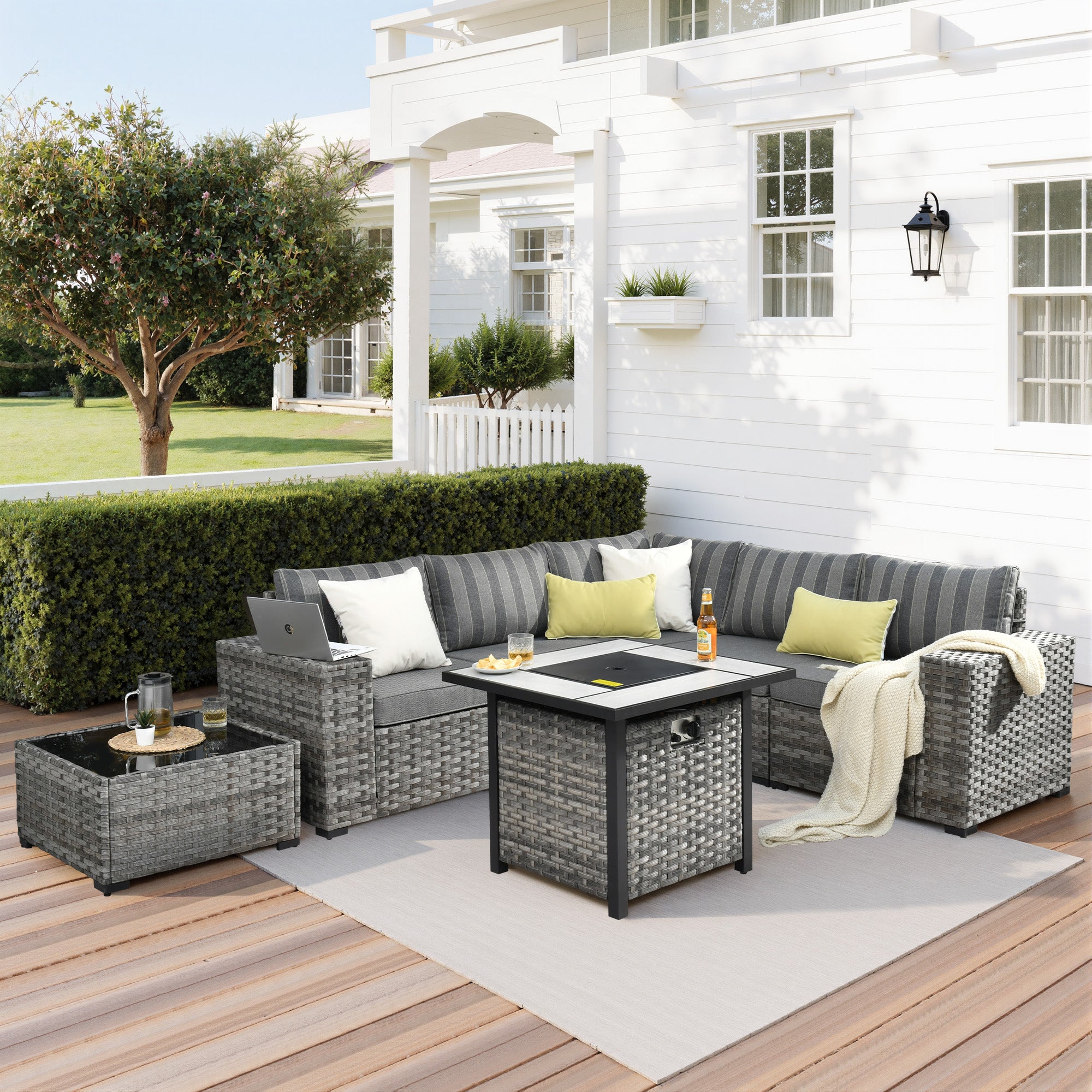 Ovios Outdoor Patio Furniture Set with Fire Pit Table and Chairs with Wide Armrests