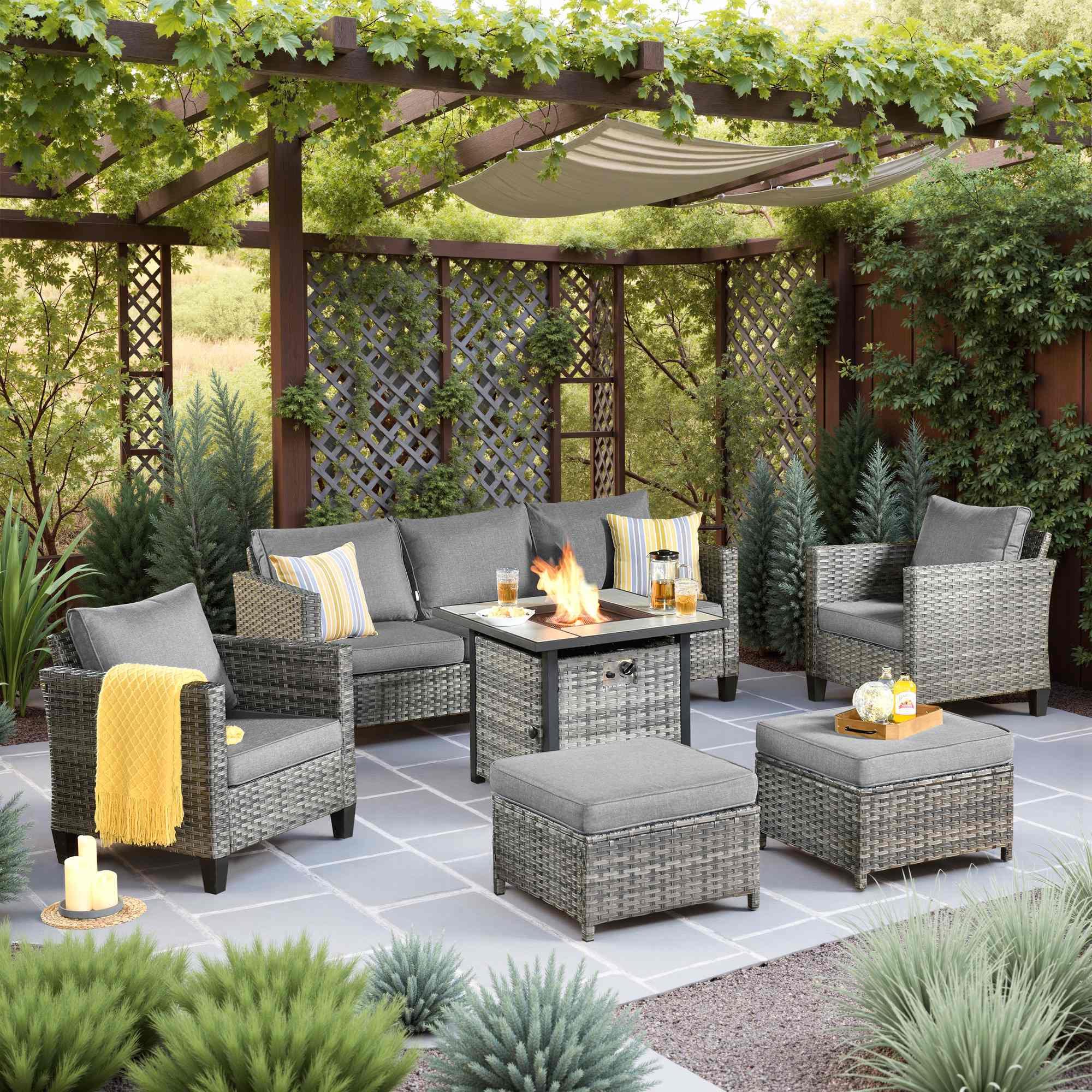 OVIOS Wicker Patio 6-Piece Set With 30'' Wicker Propane Fire Pit Table