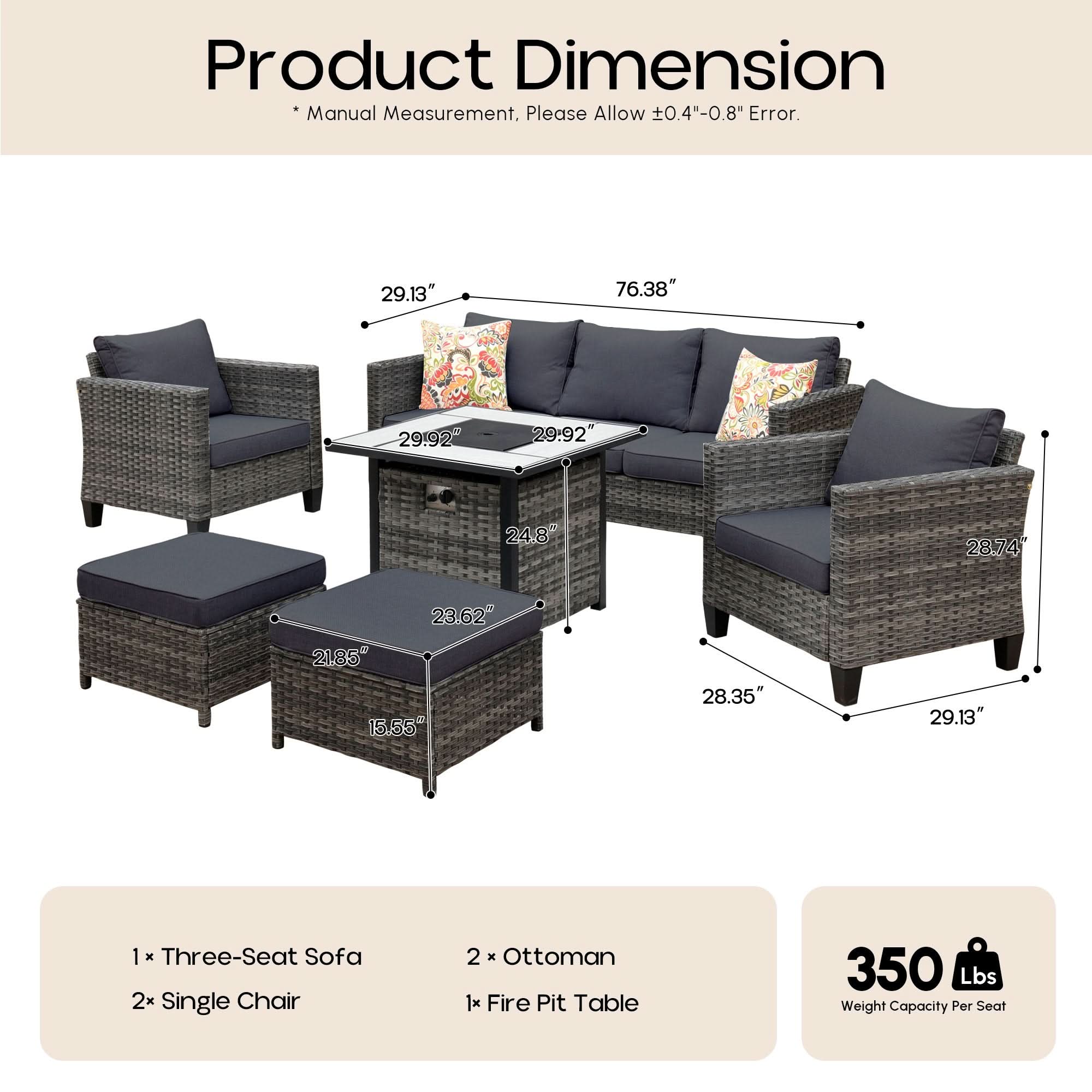 OVIOS Wicker Patio 6-Piece Set With 30'' Wicker Propane Fire Pit Table