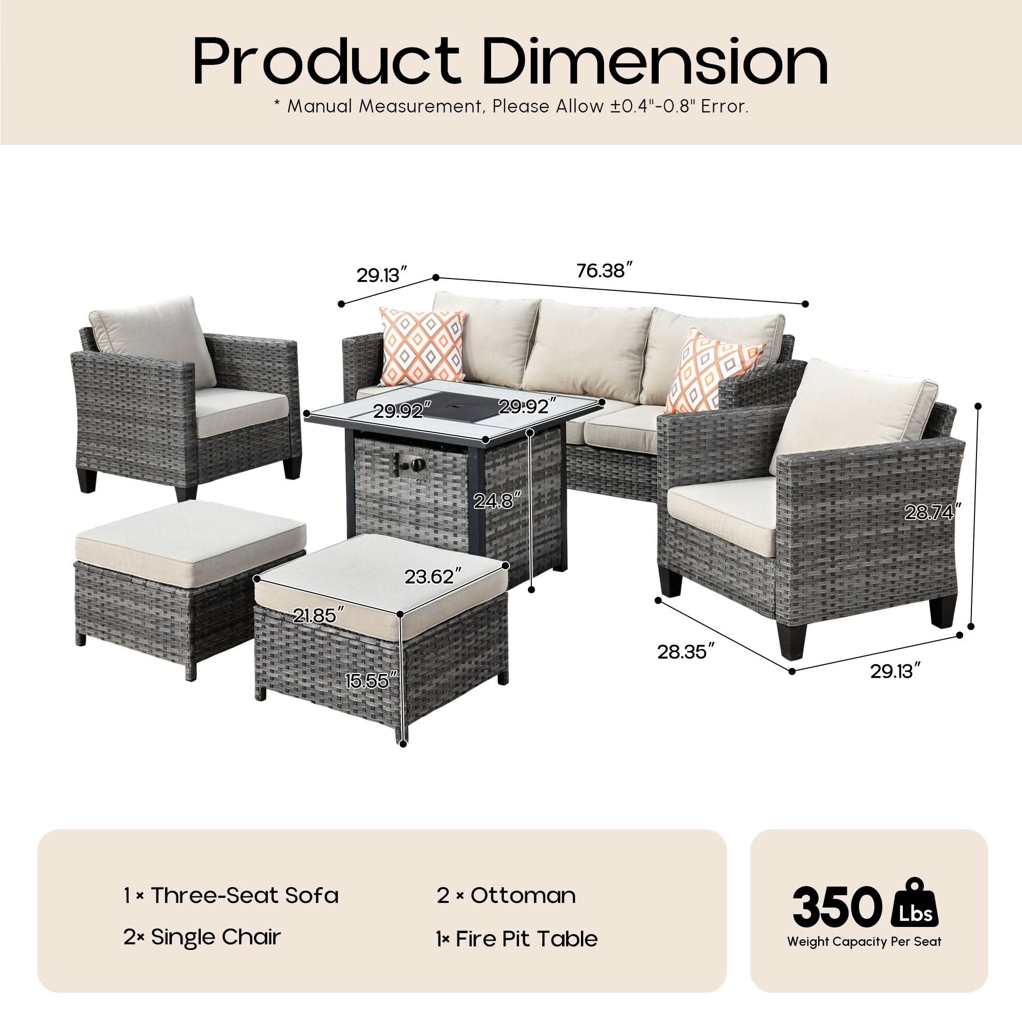 OVIOS Wicker Patio 6-Piece Set With 30'' Wicker Propane Fire Pit Table