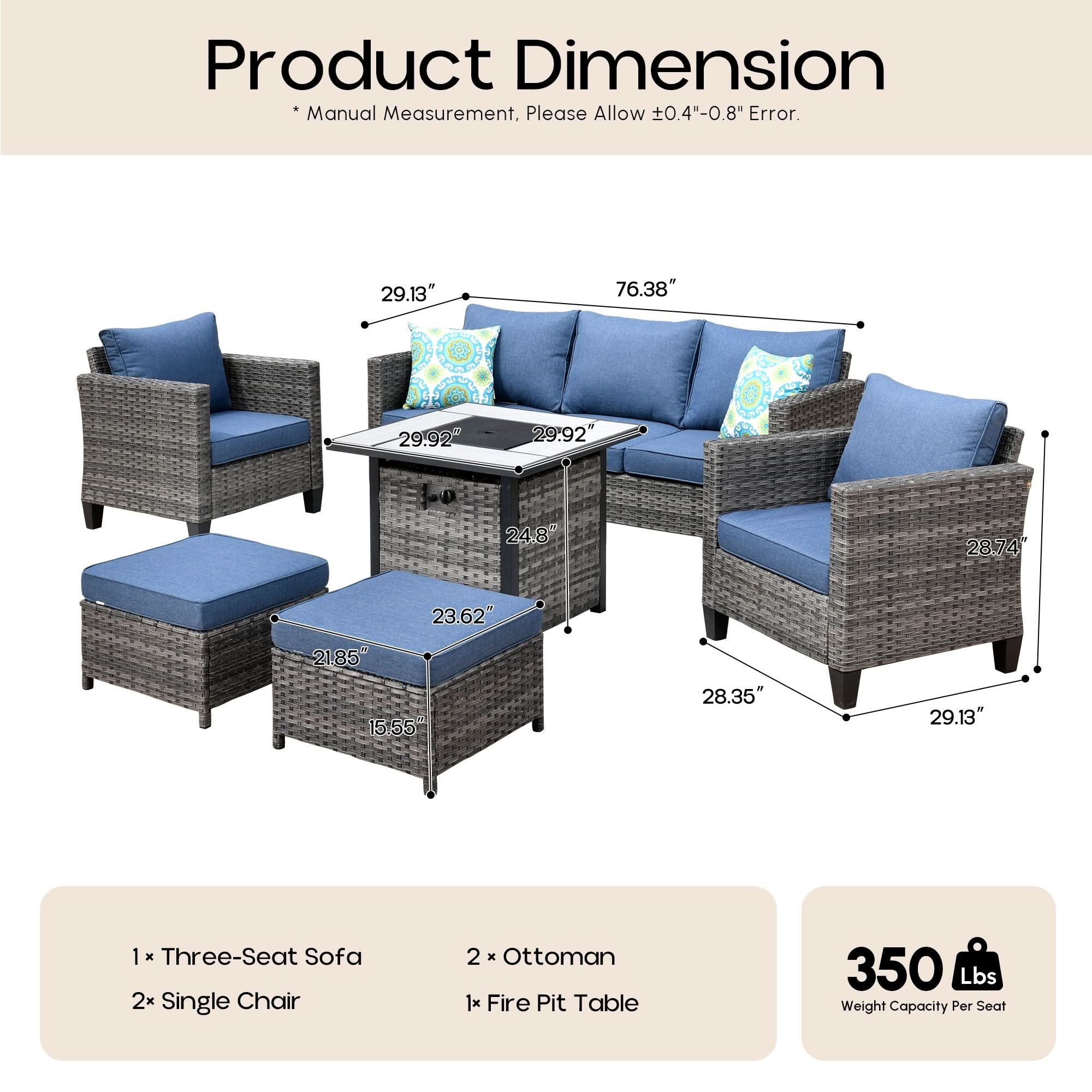 OVIOS Wicker Patio 6-Piece Set With 30'' Wicker Propane Fire Pit Table