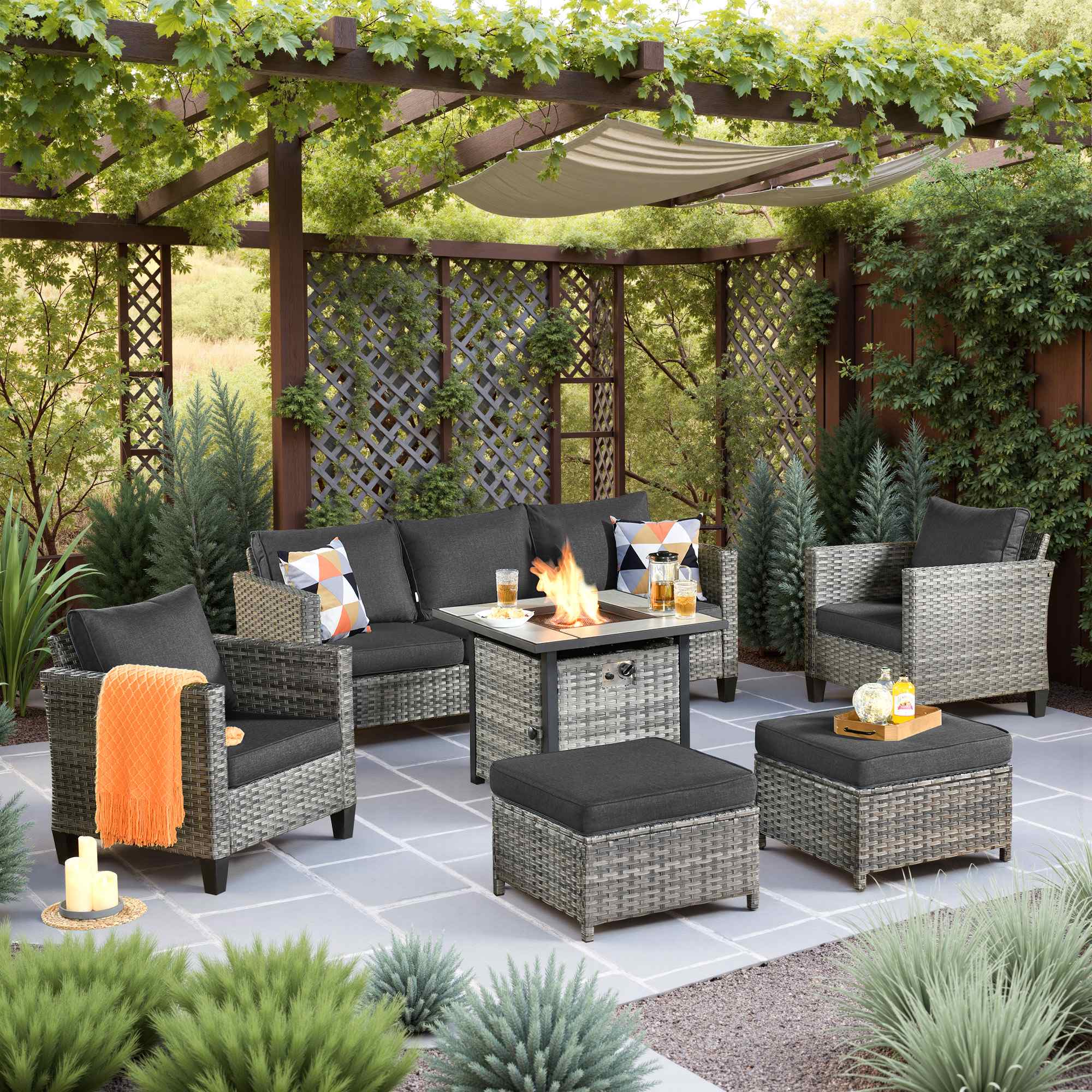 OVIOS Wicker Patio 6-Piece Set With 30'' Wicker Propane Fire Pit Table
