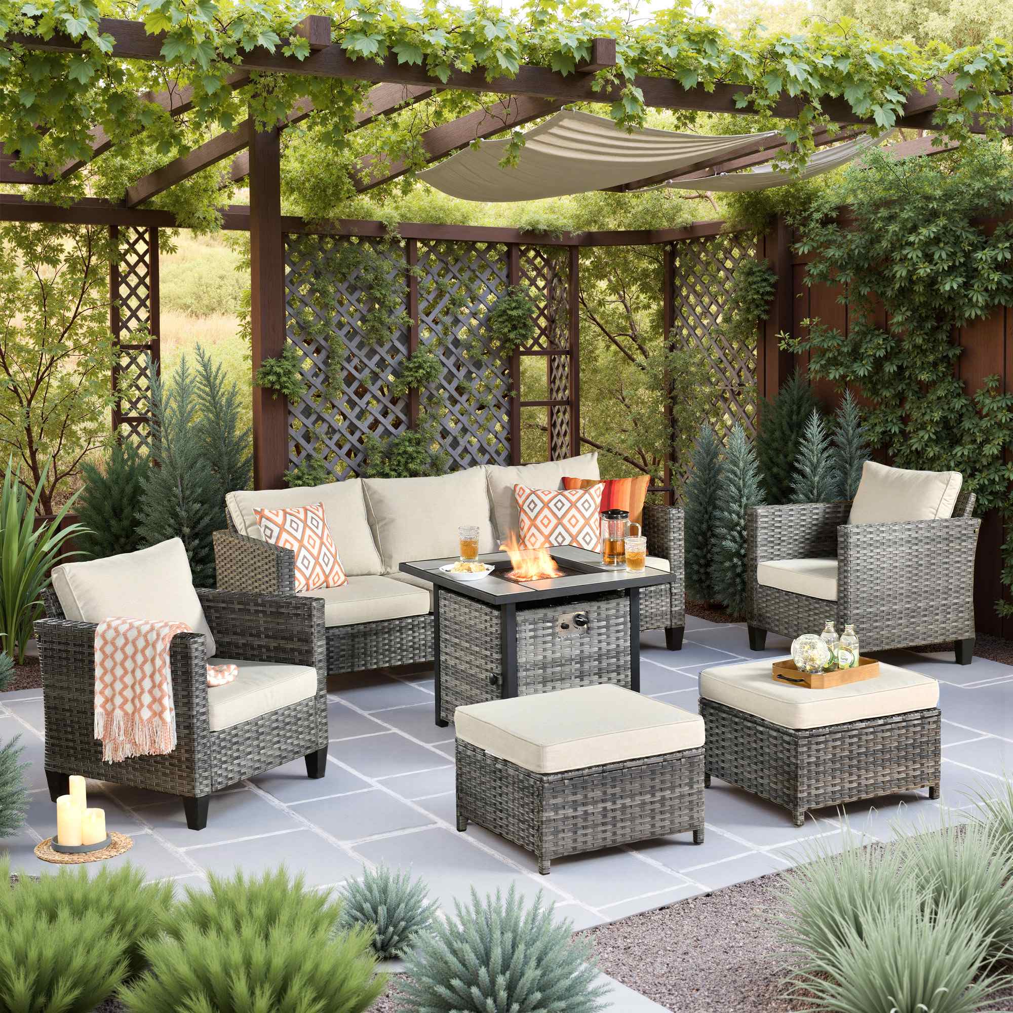 OVIOS Wicker Patio 6-Piece Set With 30'' Wicker Propane Fire Pit Table