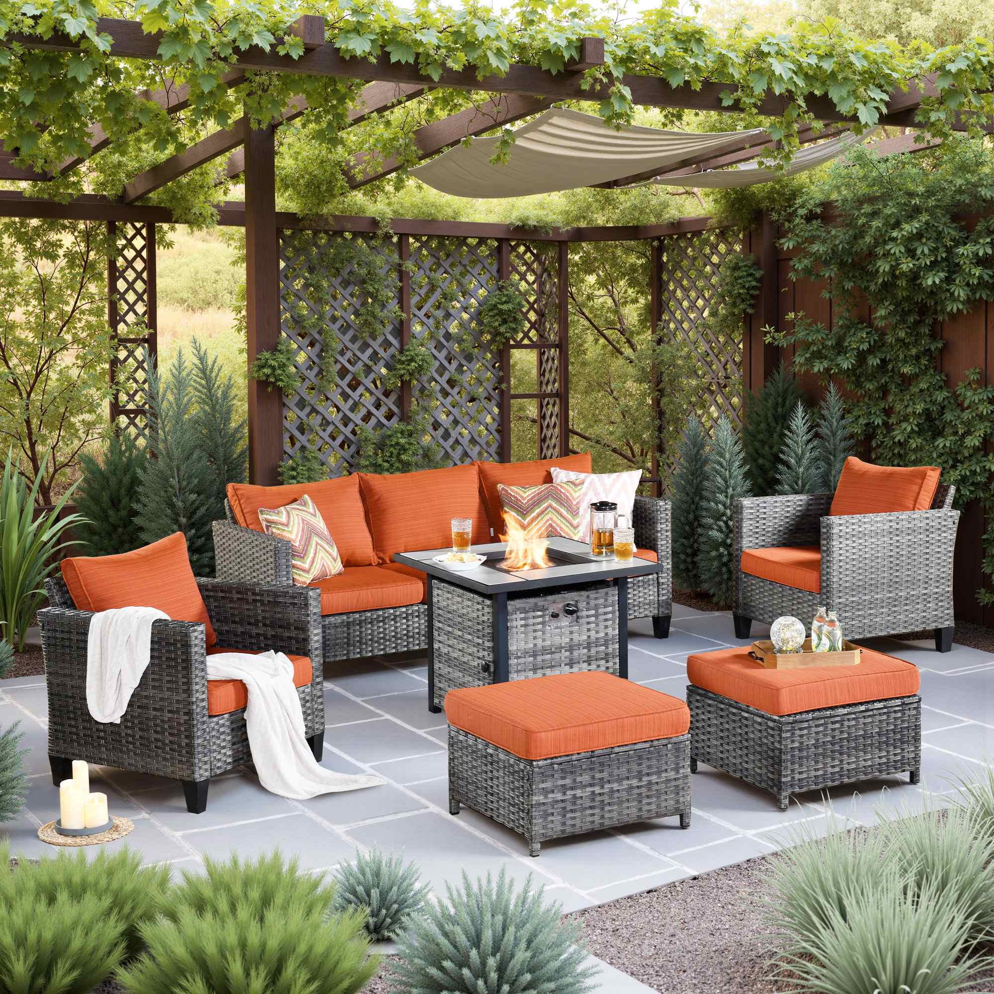OVIOS Wicker Patio 6-Piece Set With 30'' Wicker Propane Fire Pit Table