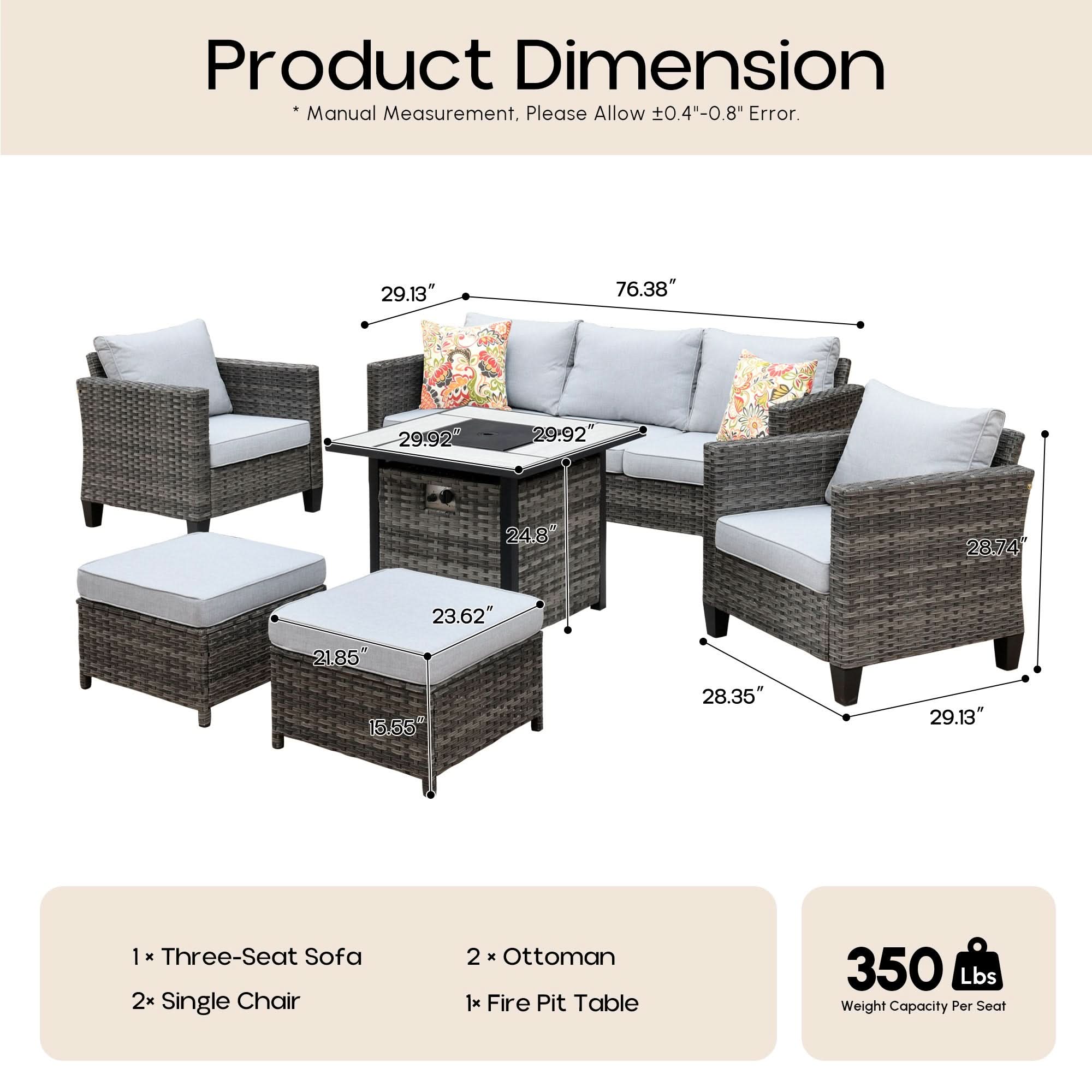 OVIOS Wicker Patio 6-Piece Set With 30'' Wicker Propane Fire Pit Table