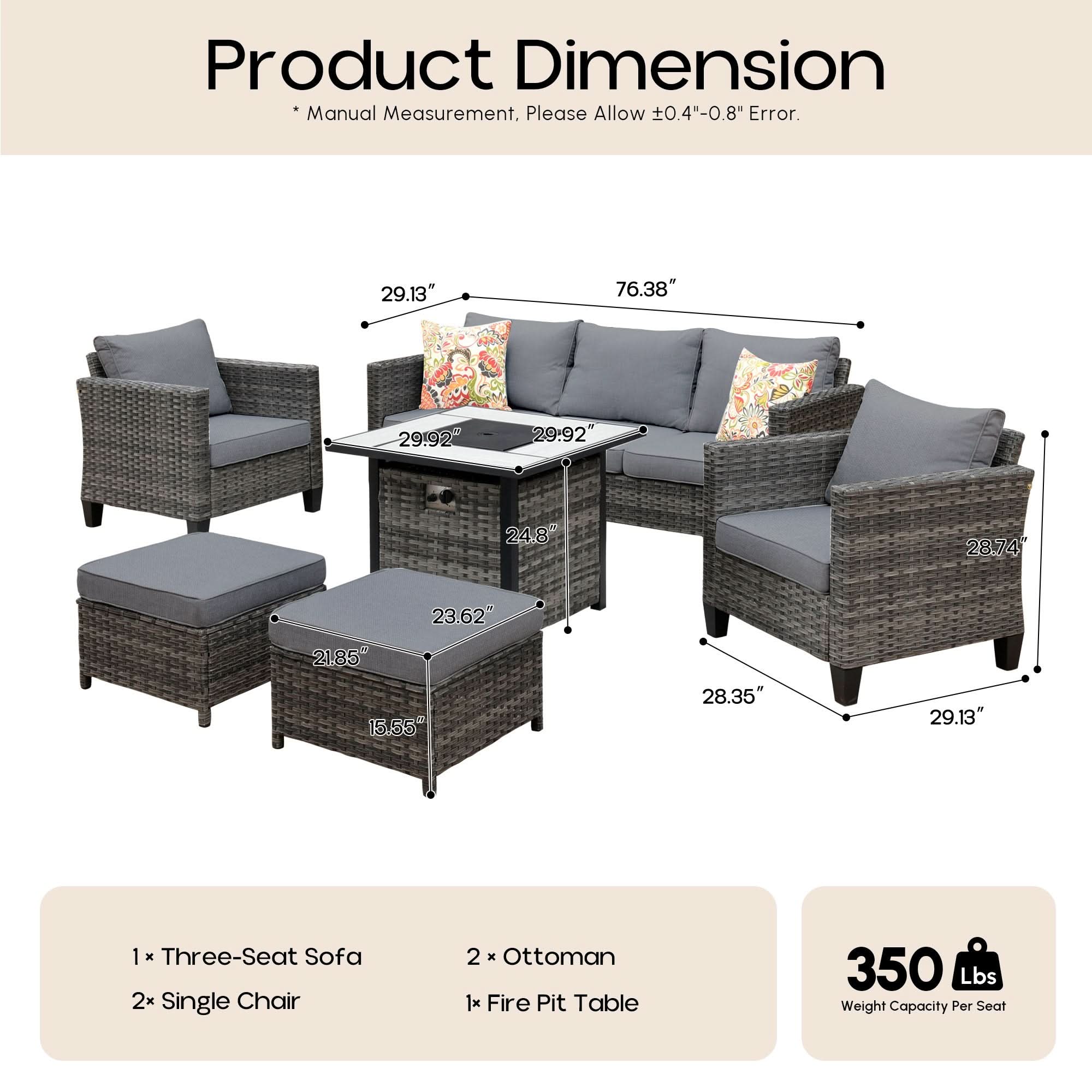 OVIOS Wicker Patio 6-Piece Set With 30'' Wicker Propane Fire Pit Table