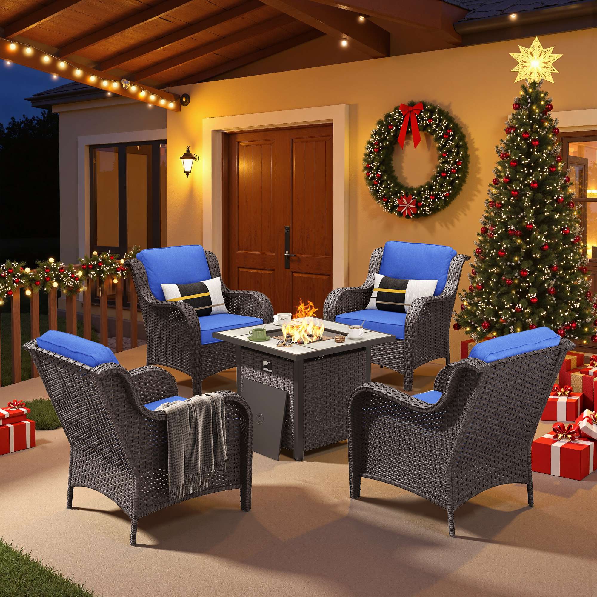 Ovios 5-piece wicker outdoor furniture: 4 Kenard chairs, 30" fire pit table.