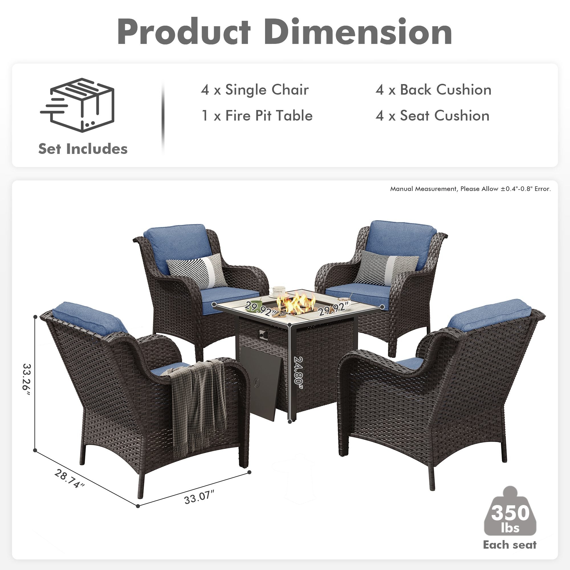 OVIOS Wicker Patio Fire Pit Conversation Seating Set