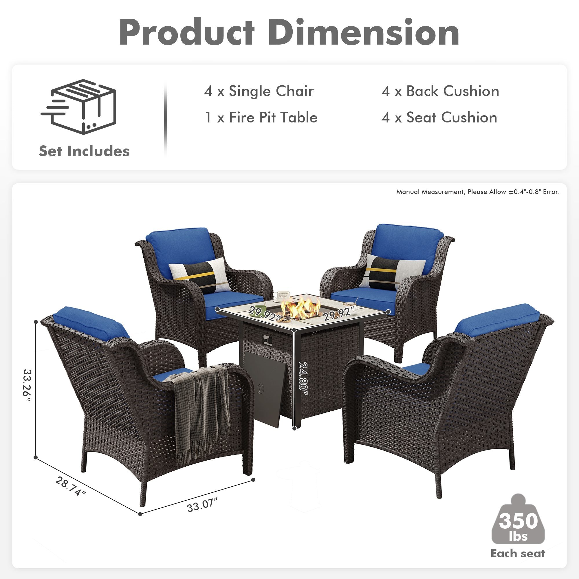 OVIOS Wicker Patio Fire Pit Conversation Seating Set