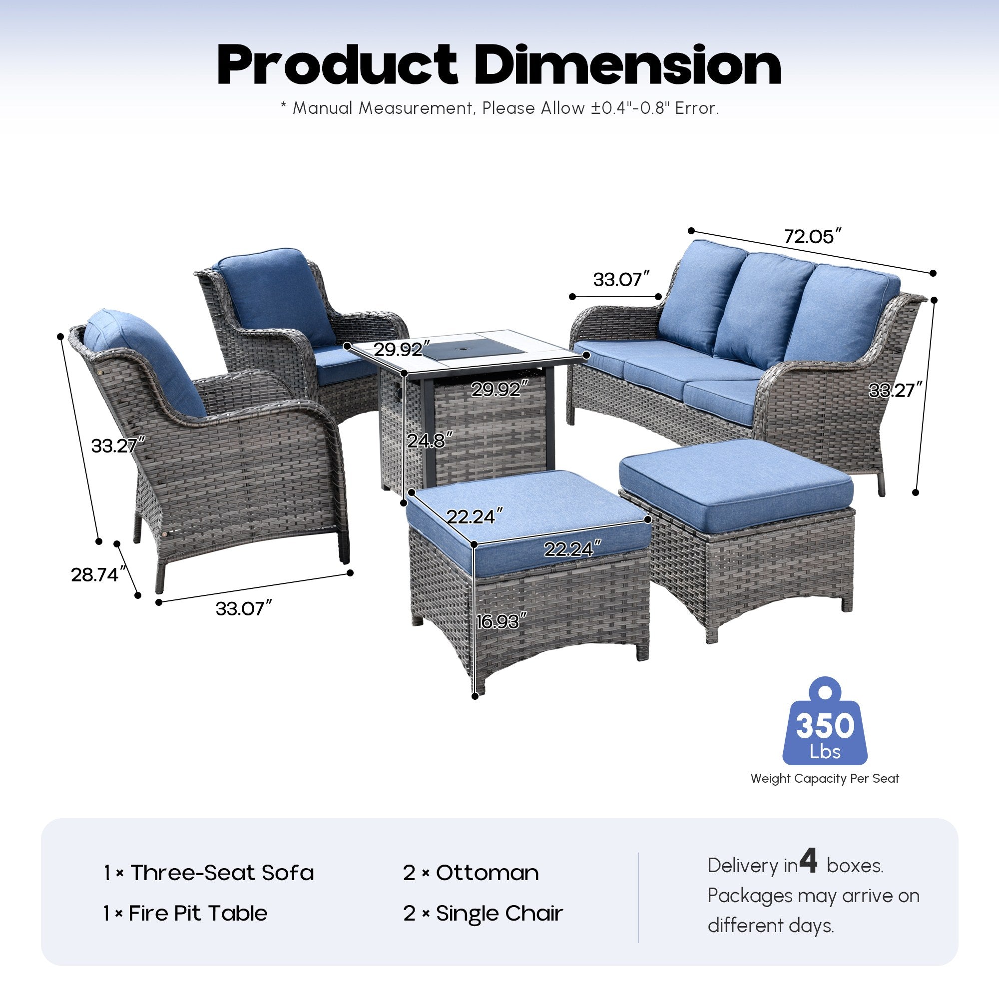 OVIOS Wicker Patio Fire Pit Conversation Seating Set
