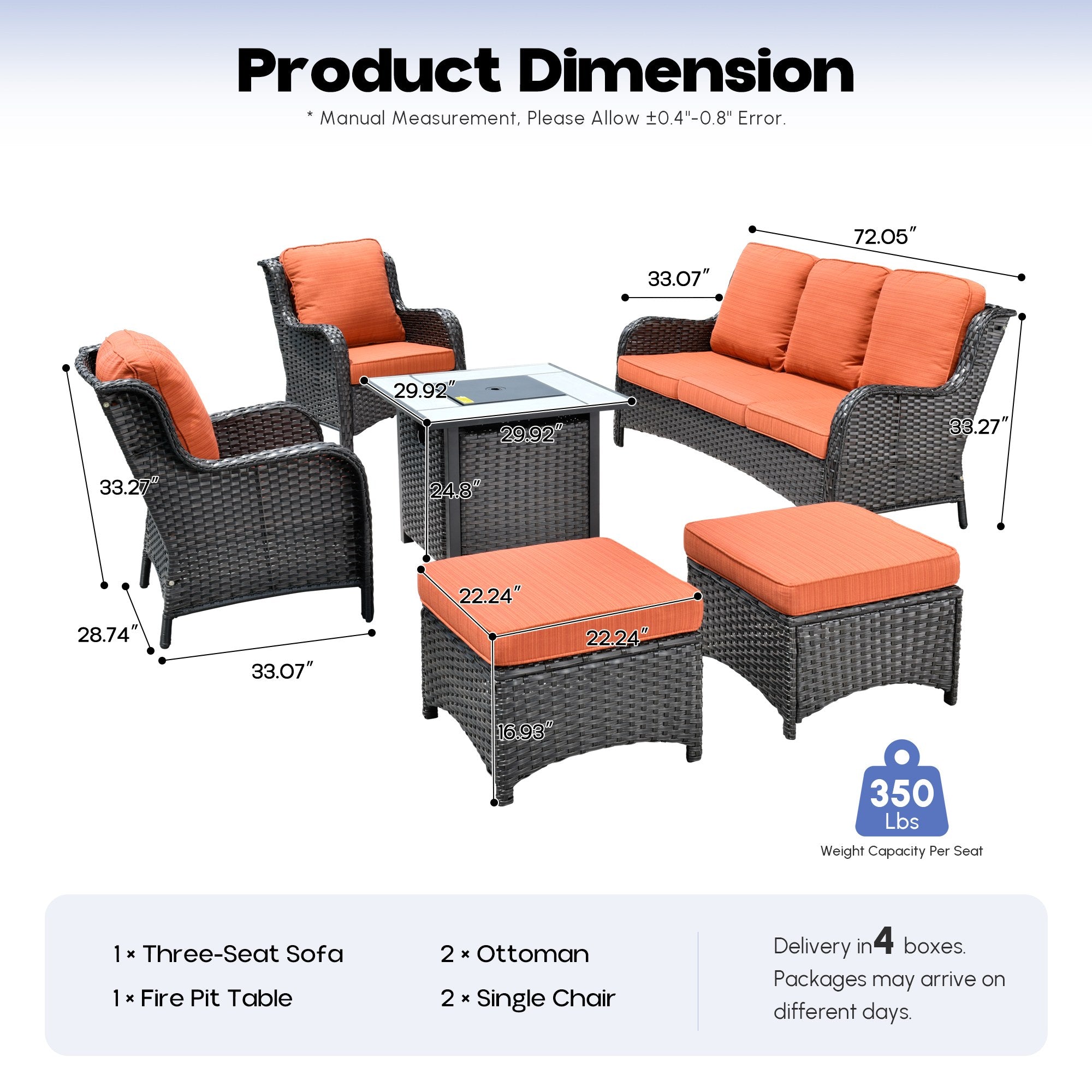 OVIOS Wicker Patio Fire Pit Conversation Seating Set