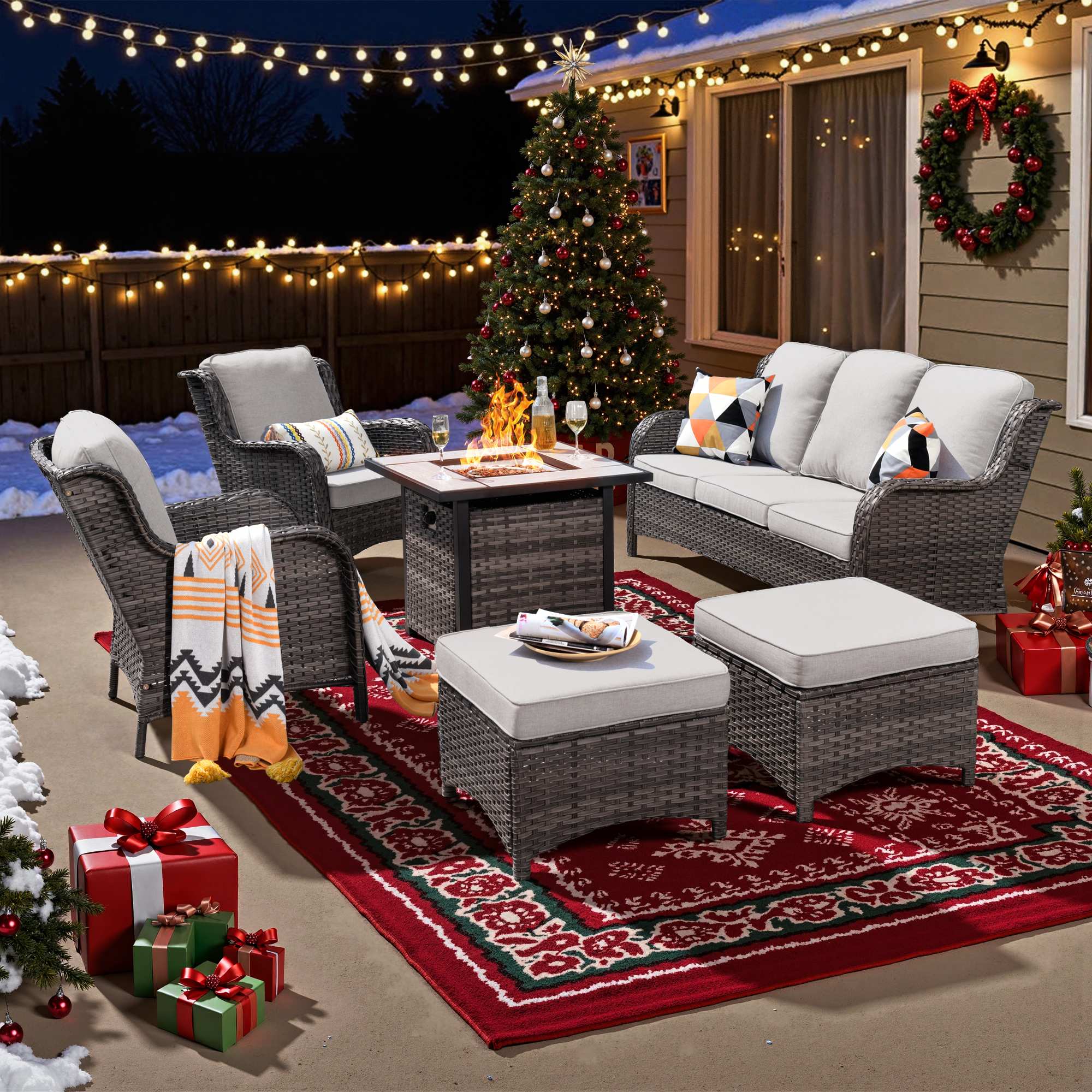 OVIOS Wicker Patio Fire Pit Conversation Seating Set