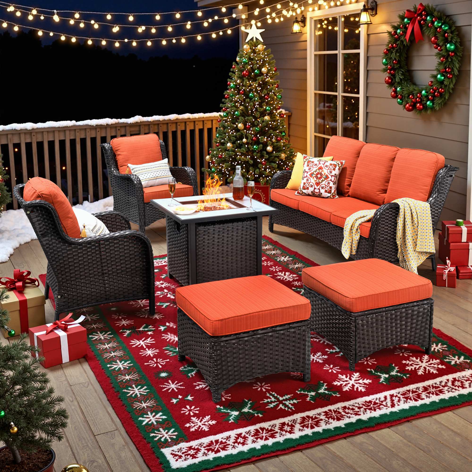 OVIOS Wicker Patio Fire Pit Conversation Seating Set