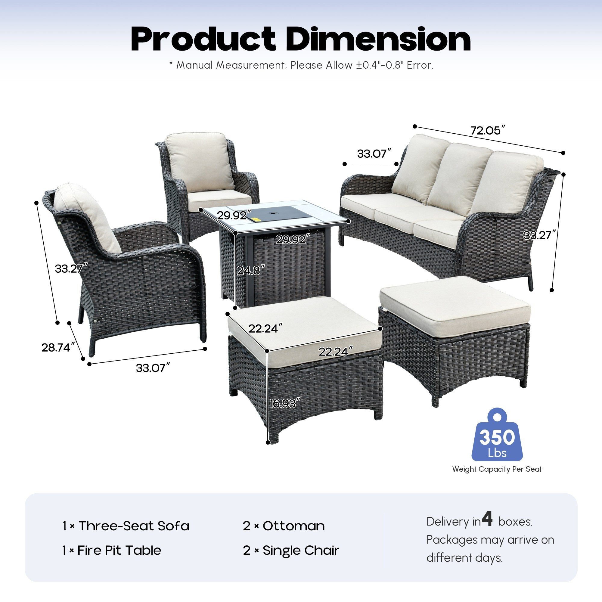 OVIOS Wicker Patio Fire Pit Conversation Seating Set