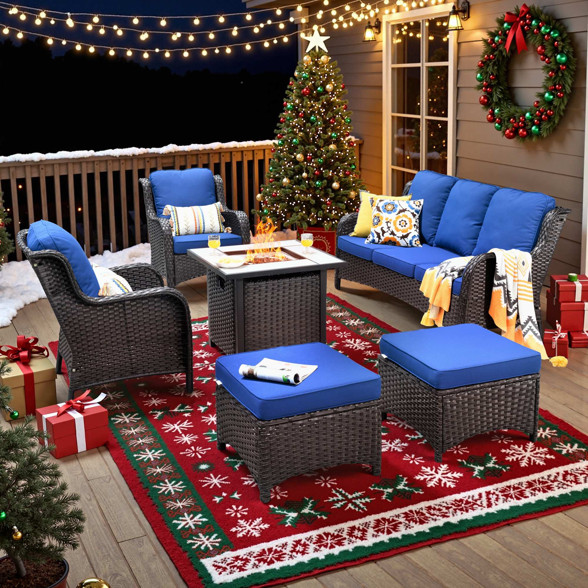 OVIOS Wicker Patio Fire Pit Conversation Seating Set