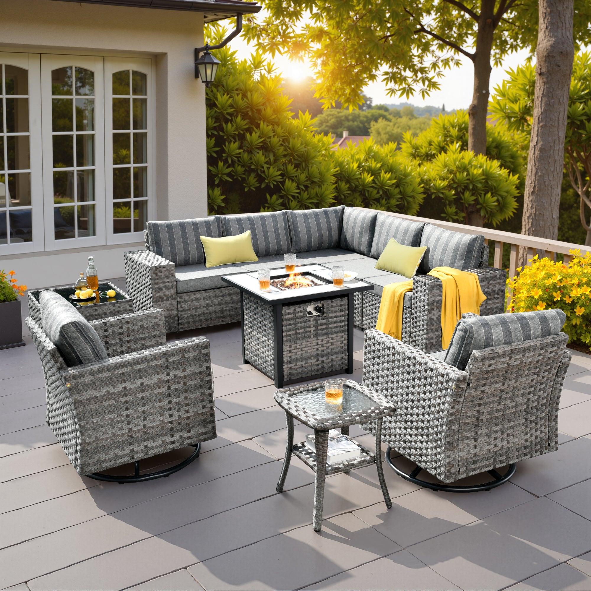 Ovios Outdoor Patio Furniture Set with Fire Pit Table and Chairs with Wide Armrests