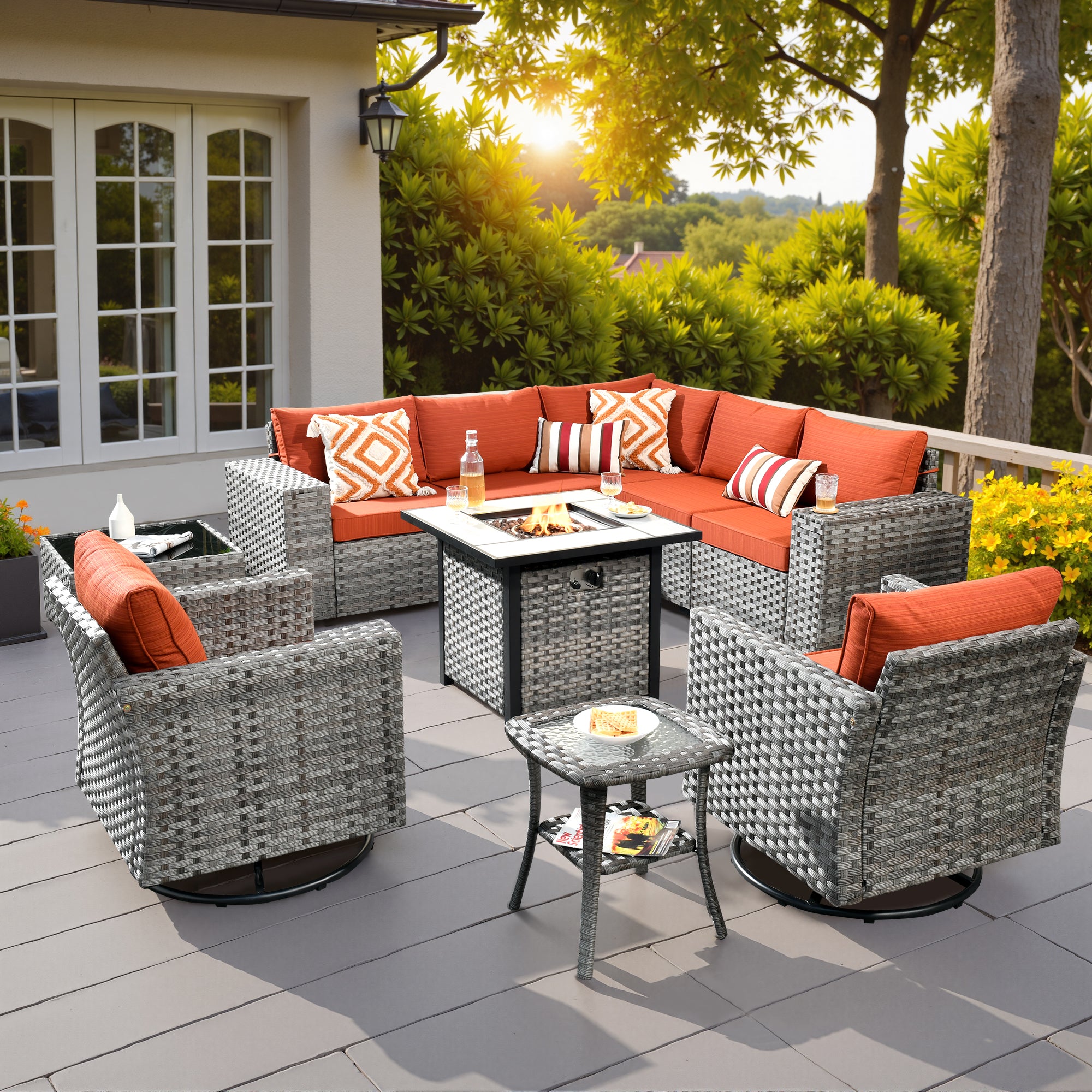 Ovios Outdoor Patio Furniture Set with Fire Pit Table and Chairs with Wide Armrests