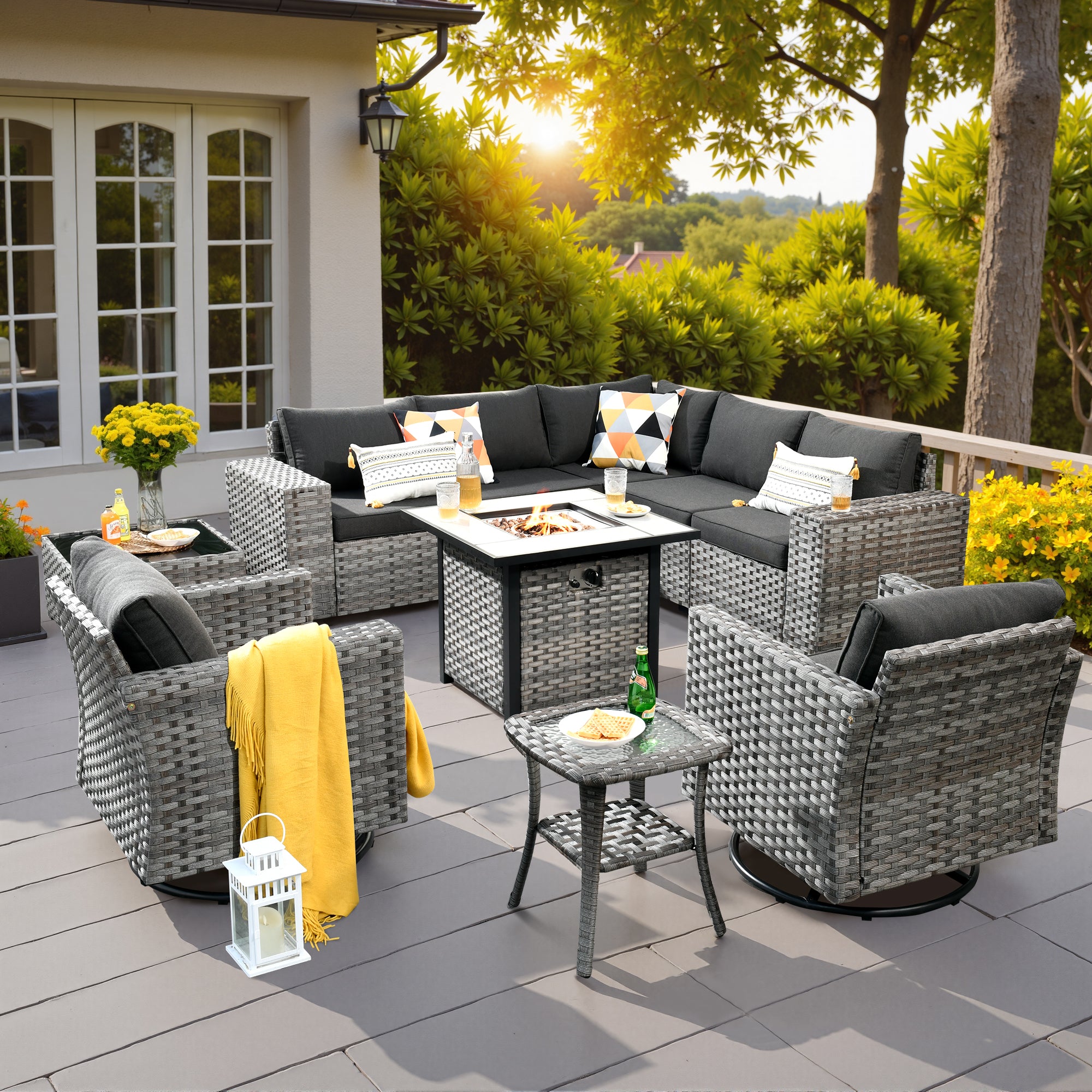 Ovios Outdoor Patio Furniture Set with Fire Pit Table and Chairs with Wide Armrests