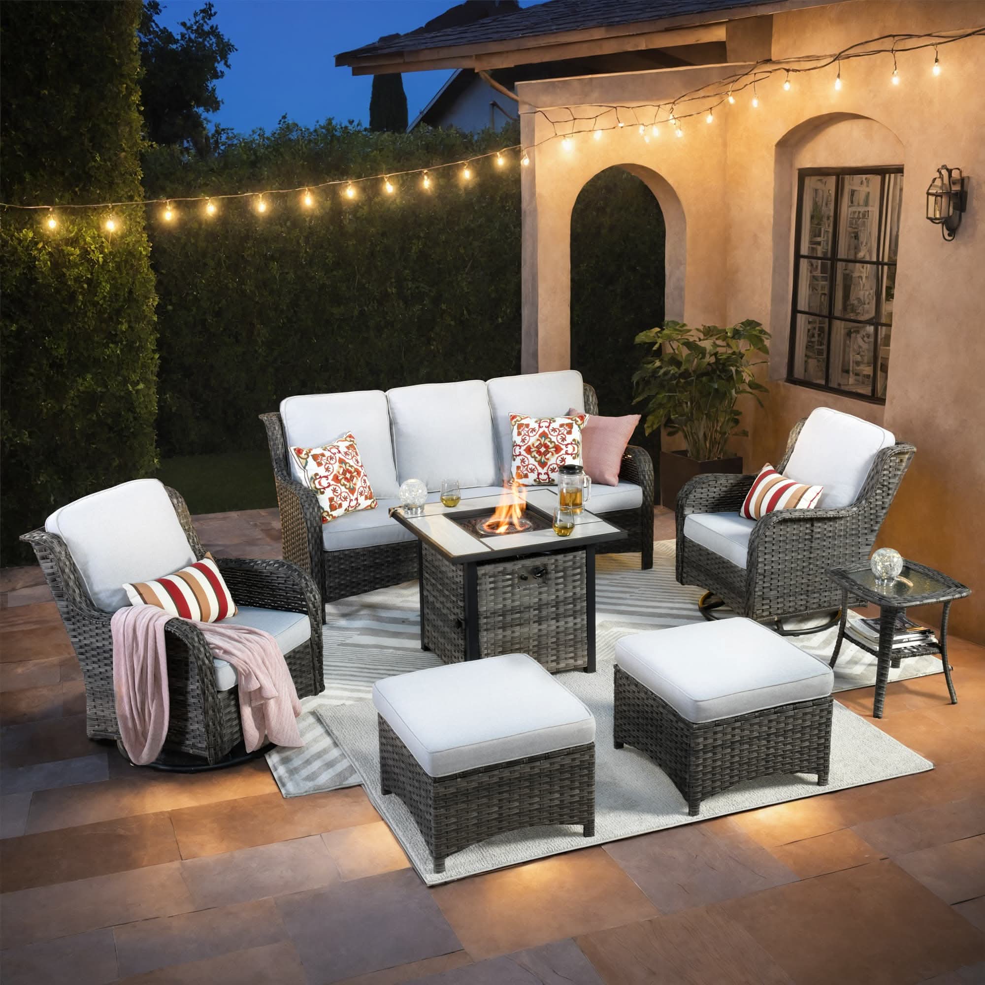 OVIOS Wicker Patio Fire Pit Conversation Seating Set