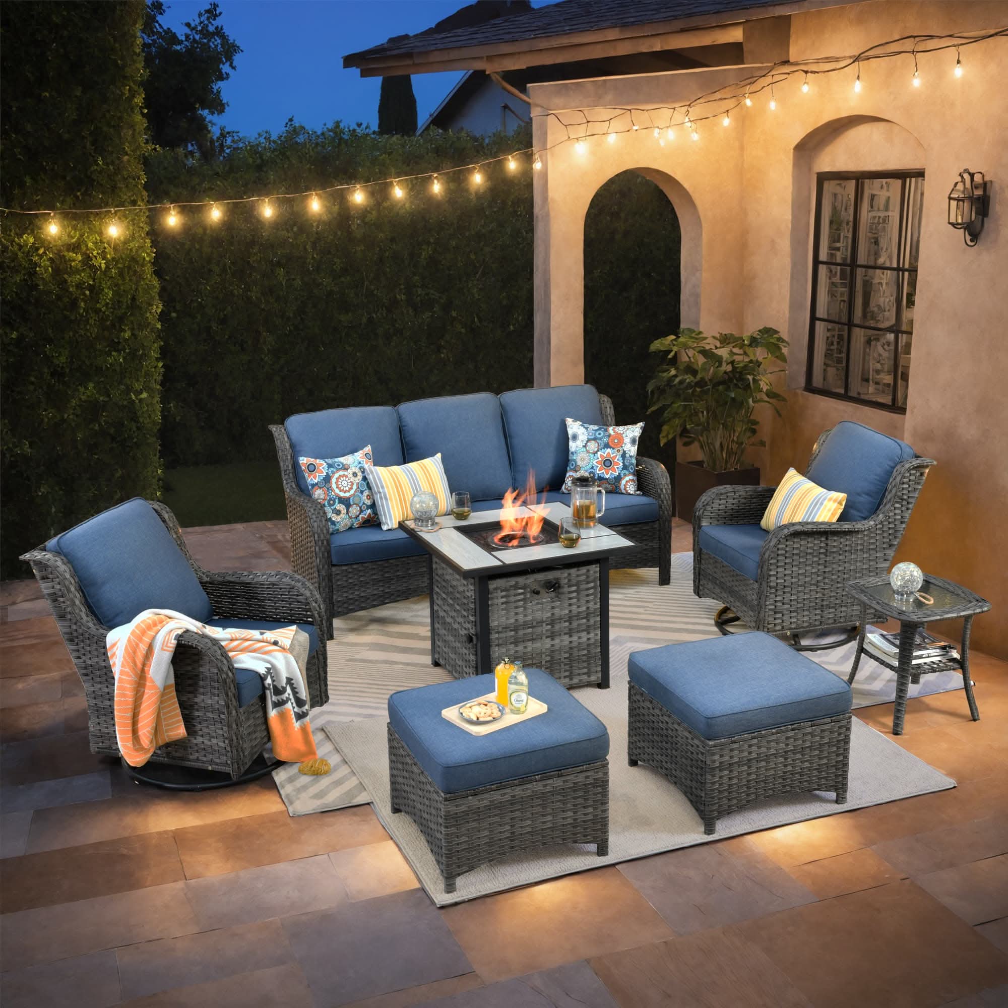 OVIOS Wicker Patio Fire Pit Conversation Seating Set