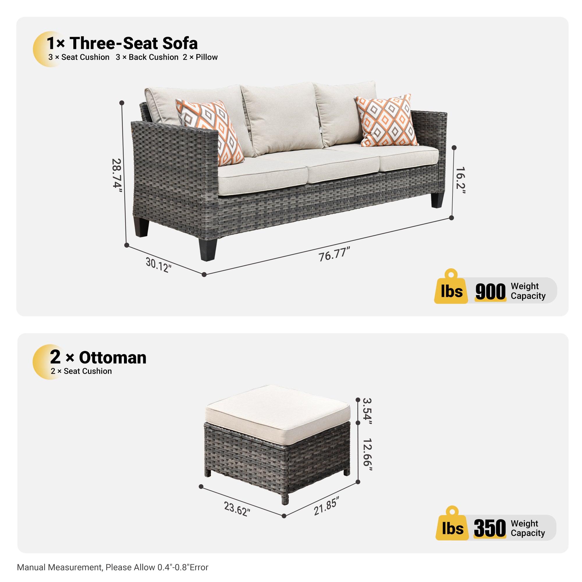 OVIOS Outdoor Couch New Vultros 3-Piece High Back with Ottoman