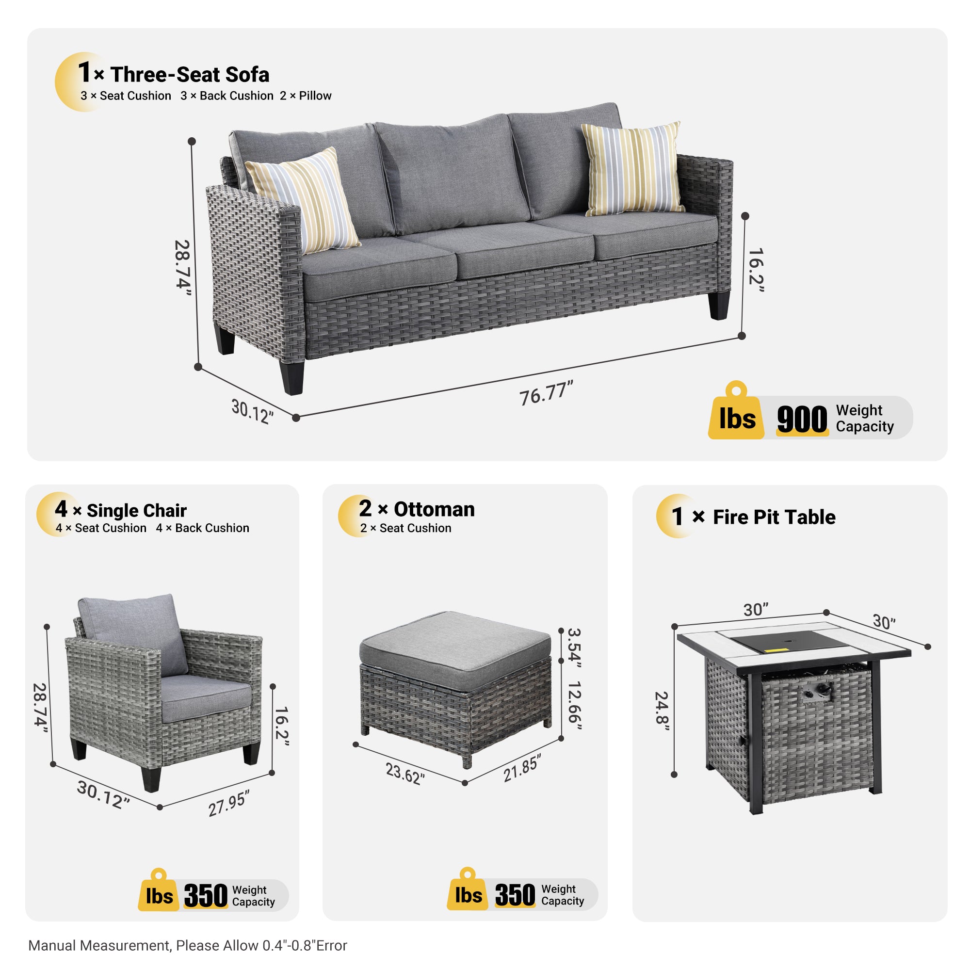 OVIOS Patio Vultros 8-Piece Conversation Set with 30'' Propane Fire Pit Table