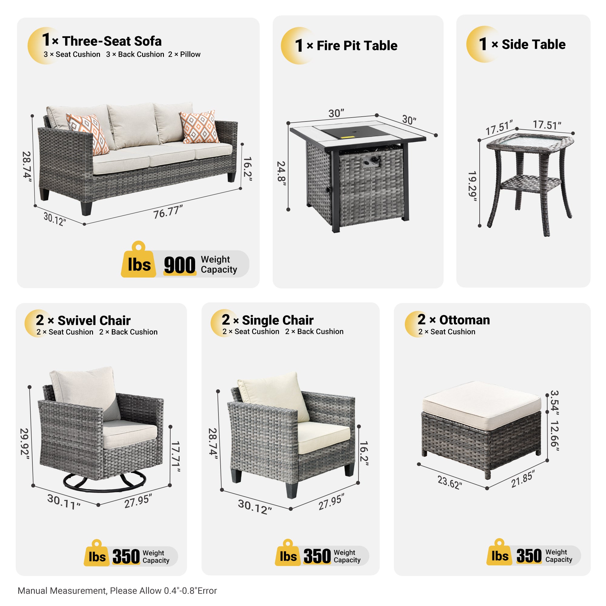 OVIOS Patio Vultros 9-Piece Set with 2 Swivel Chairs and 30'' Propane Fire Pit Table