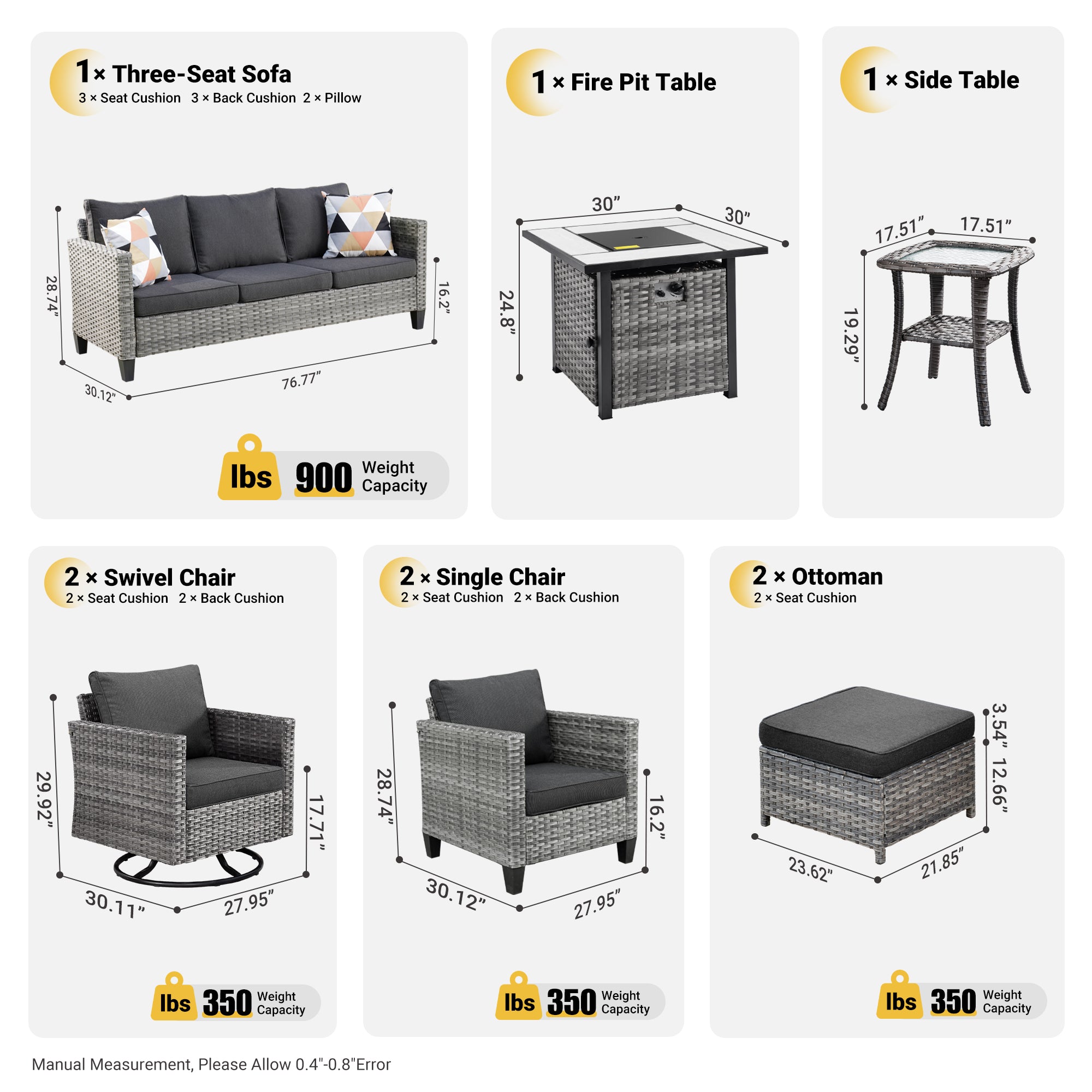 OVIOS Patio Vultros 9-Piece Set with 2 Swivel Chairs and 30'' Propane Fire Pit Table