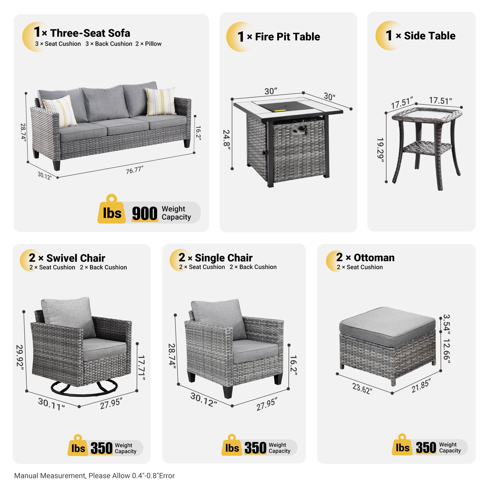 OVIOS Patio Vultros 9-Piece Set with 2 Swivel Chairs and 30'' Propane Fire Pit Table