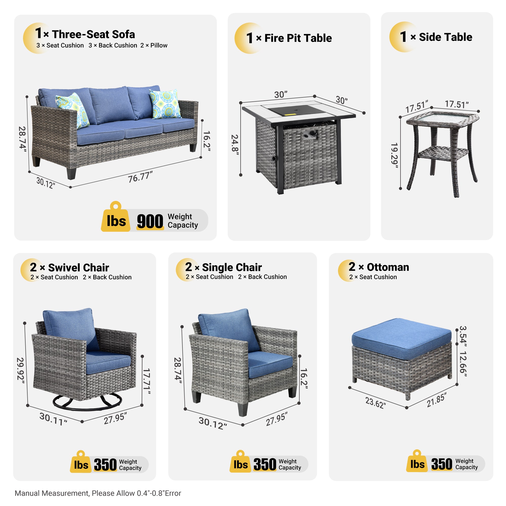 OVIOS Patio Vultros 9-Piece Set with 2 Swivel Chairs and 30'' Propane Fire Pit Table