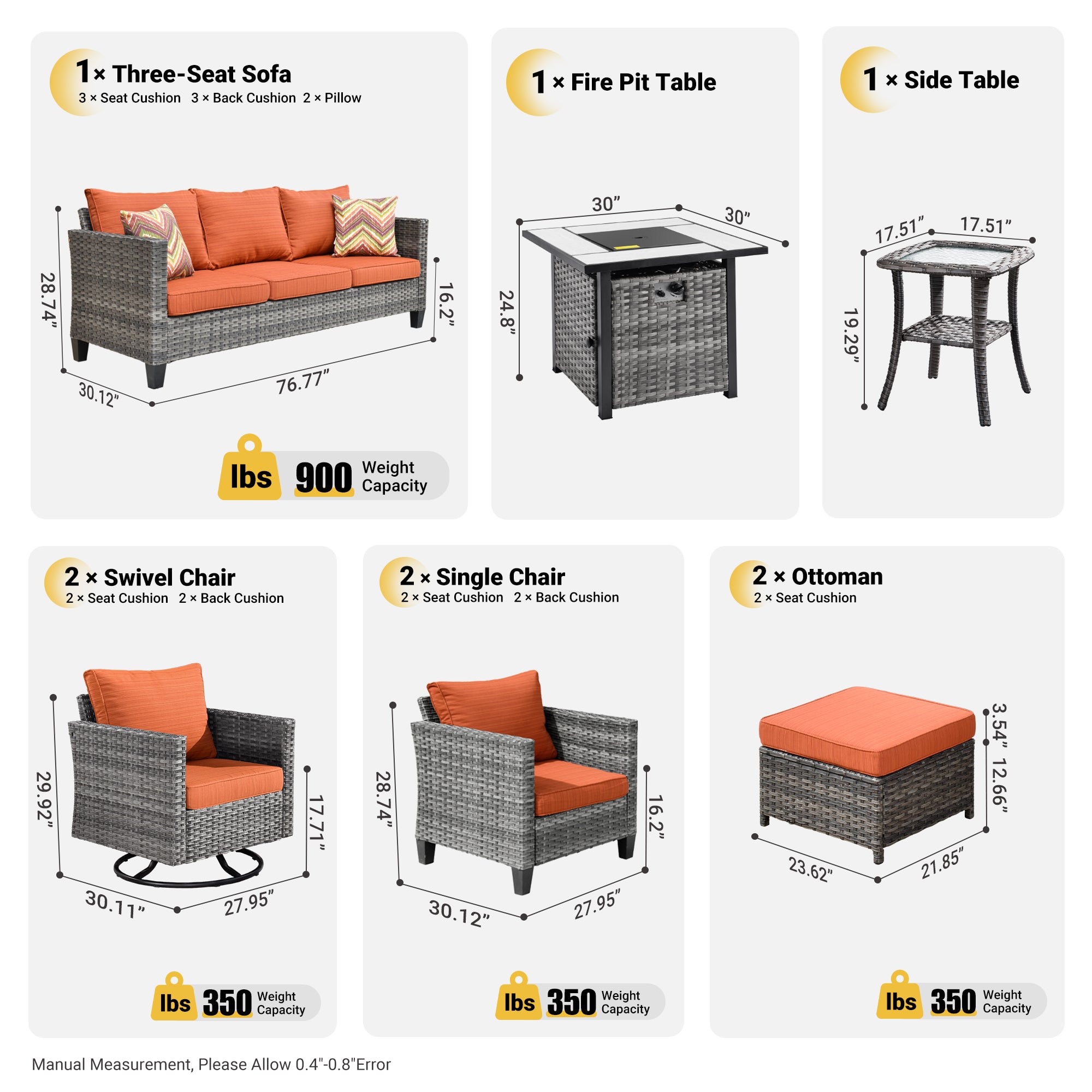OVIOS Patio Vultros 9-Piece Set with 2 Swivel Chairs and 30'' Propane Fire Pit Table