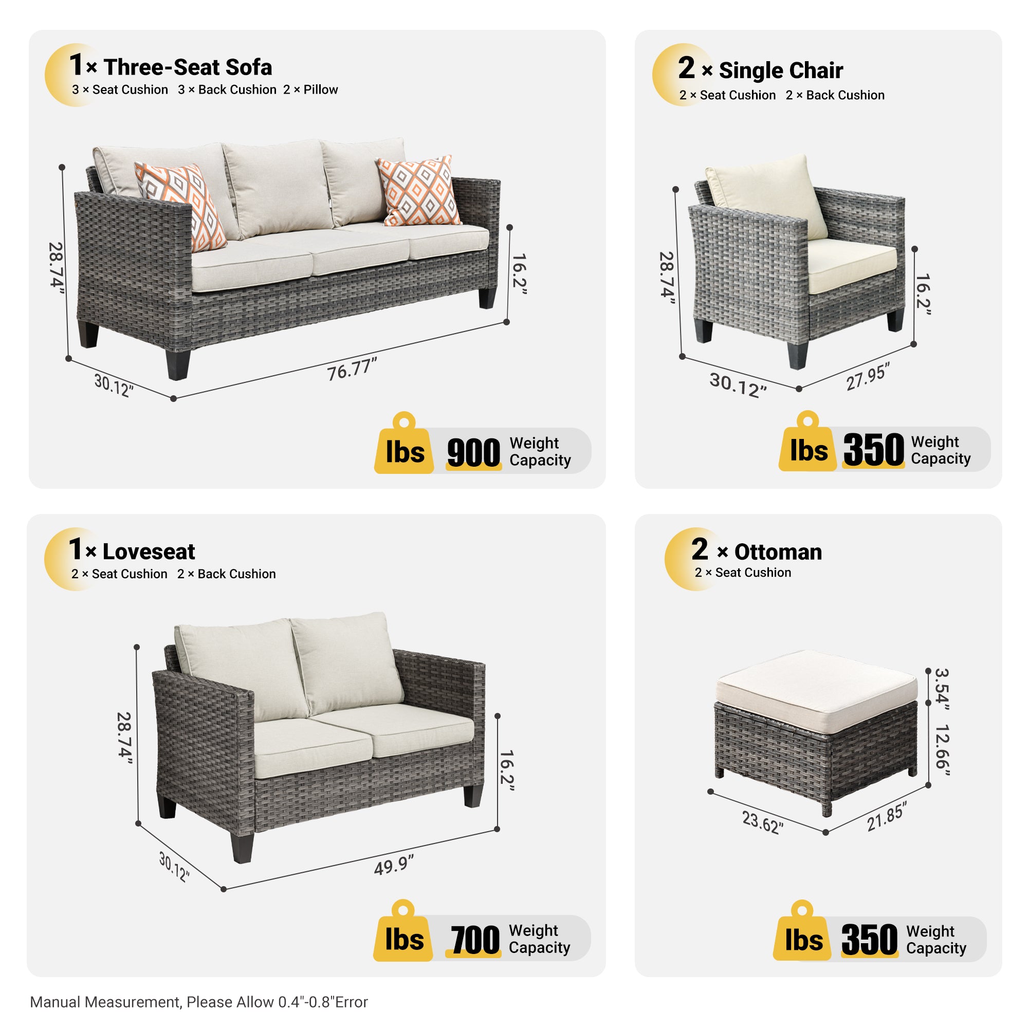 OVIOS Patio Furniture Set New Vultros 7-Person High Back Sectional Sofa with Cushions