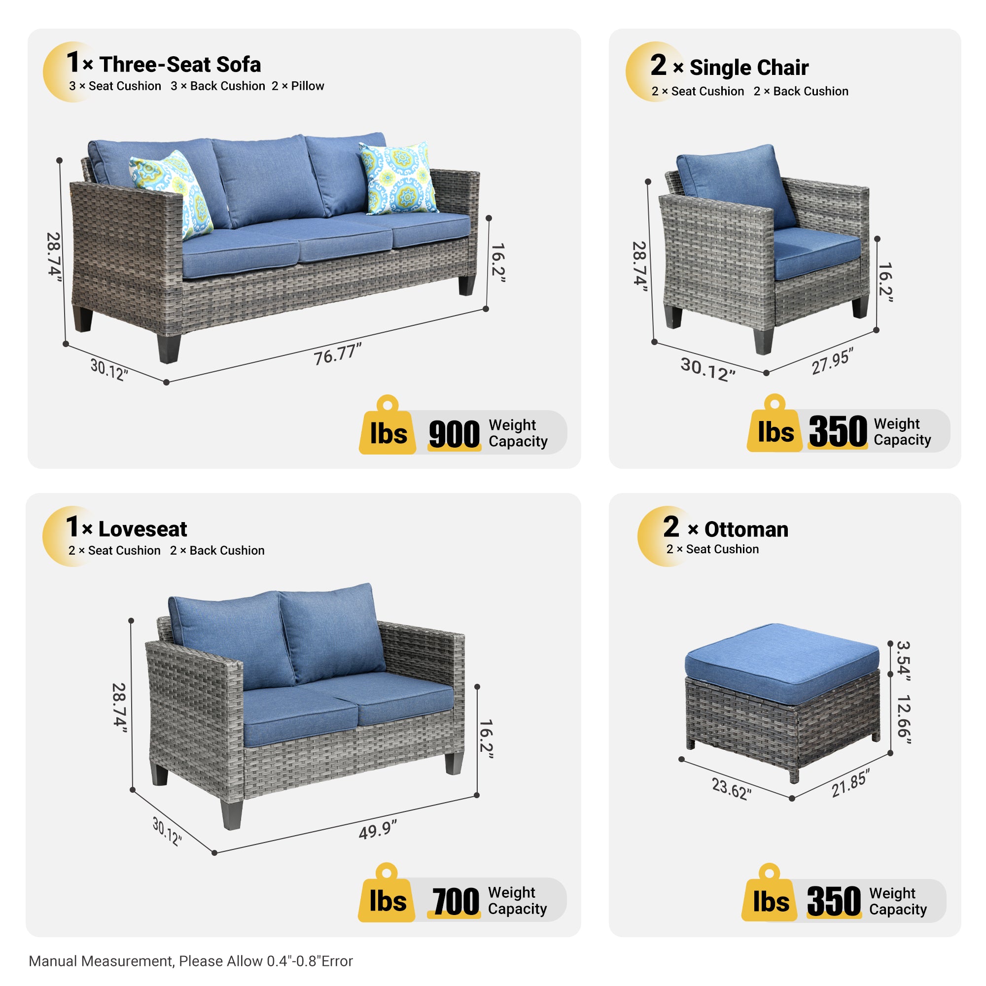 OVIOS Patio Furniture Set New Vultros 7-Person High Back Sectional Sofa with Cushions