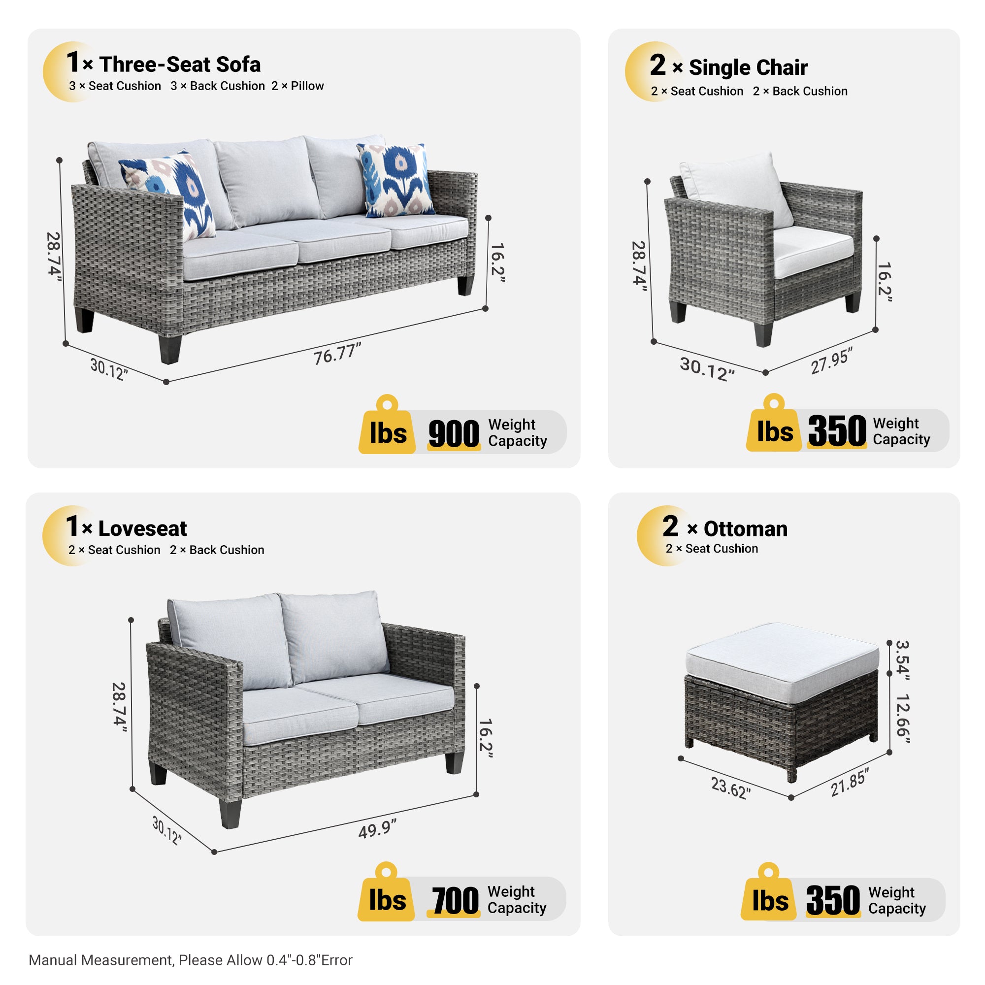 OVIOS Patio Furniture Set New Vultros 7-Person High Back Sectional Sofa with Cushions