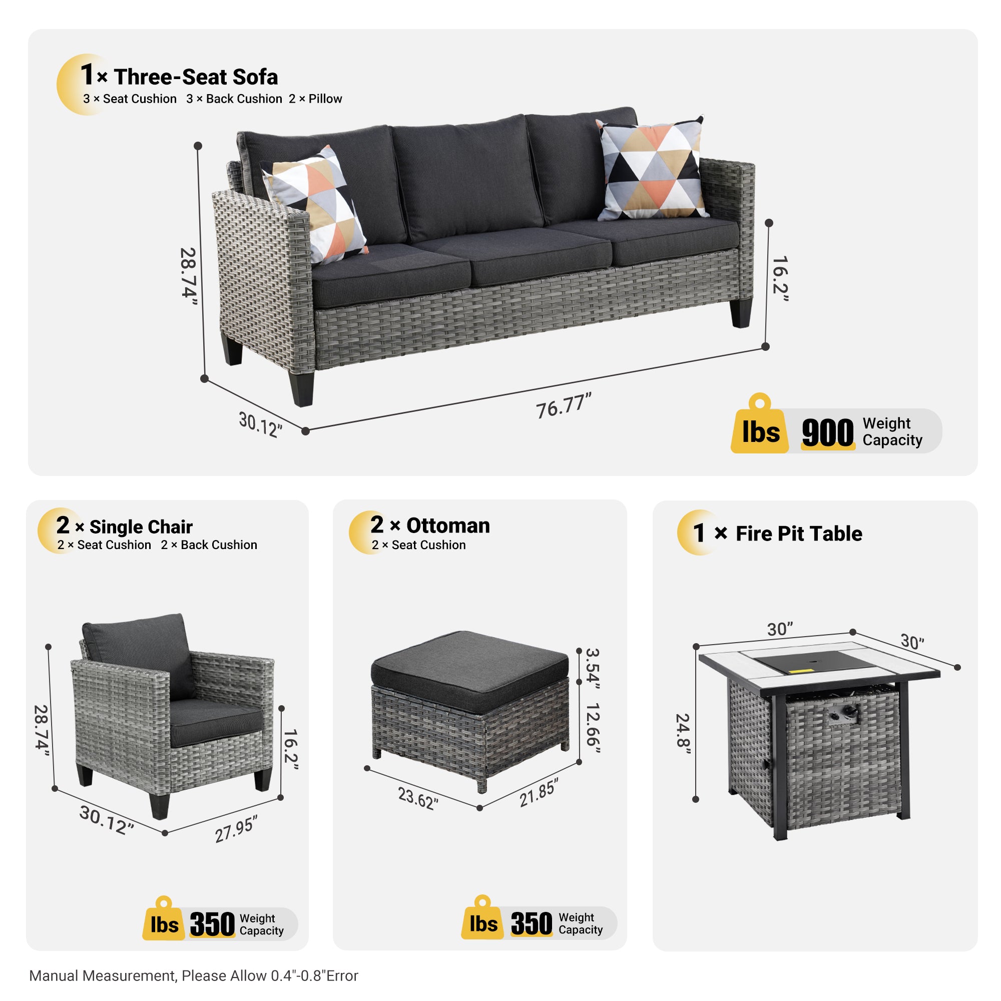 OVIOS 6-piece wicker patio set: dimensions for sofa, chairs, ottomans, fire pit table. Black Cushion