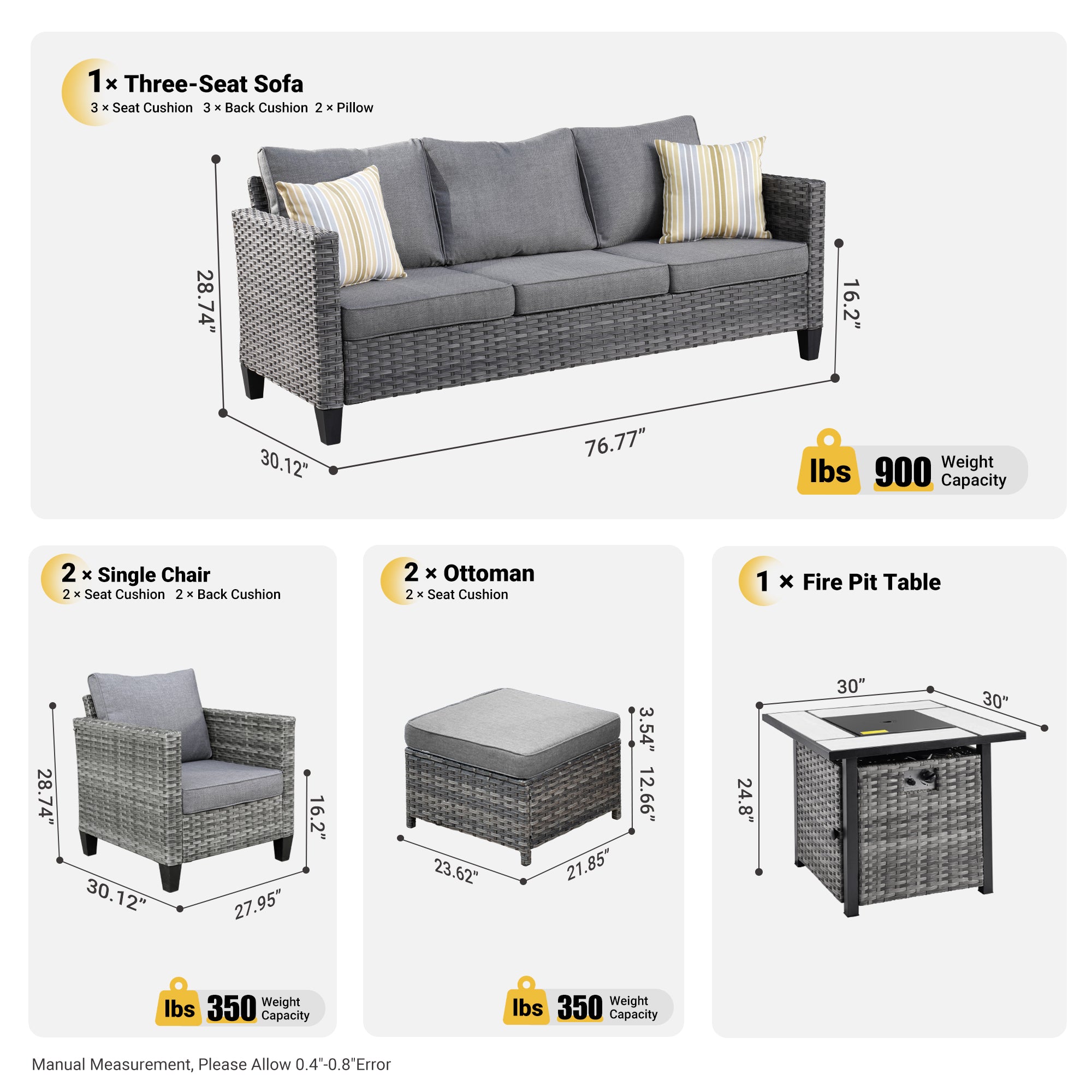 OVIOS 6-piece wicker patio set: sofa, chair, ottoman, fire pit table dimensions diagram. Dark Grey Cushion