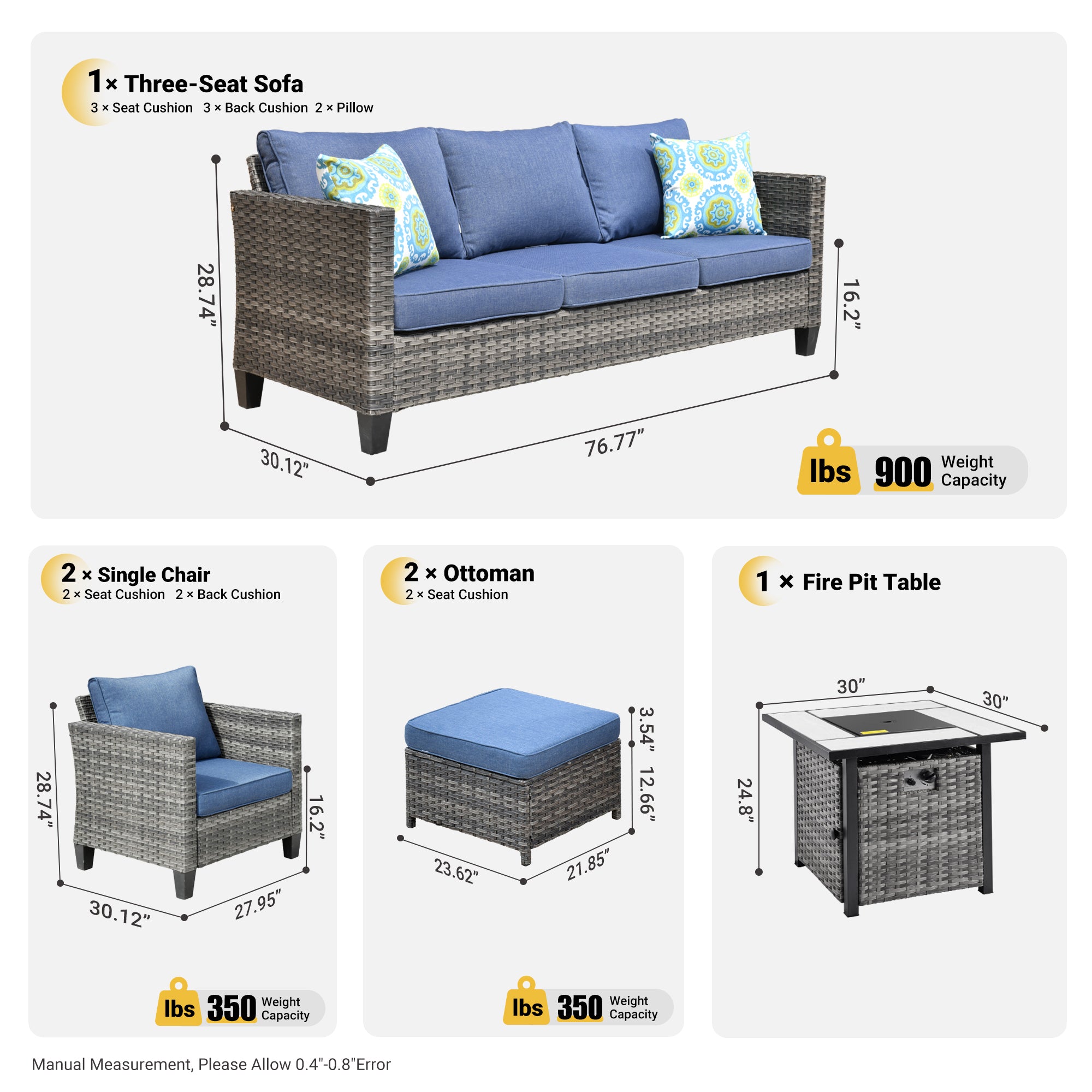 OVIOS 6-piece wicker patio conversation set with fire pit table: dimensions shown. Denim Blue Cushion
