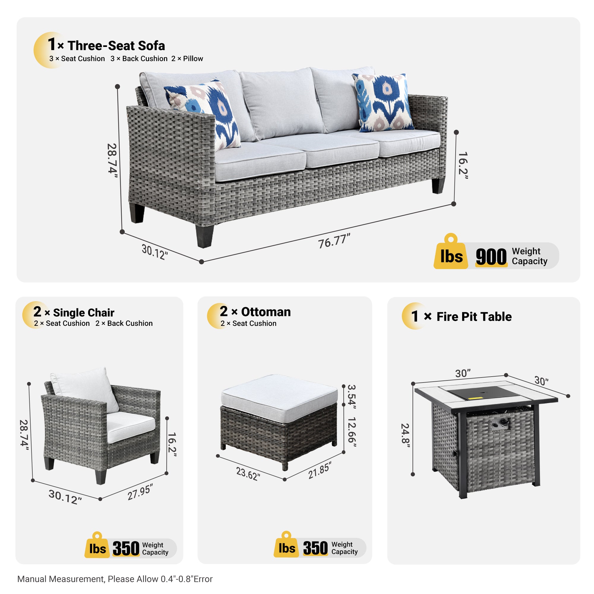 OVIOS 6-piece wicker patio set dimensions: sofa, chairs, ottomans, and 30'' fire pit table. Light Grey