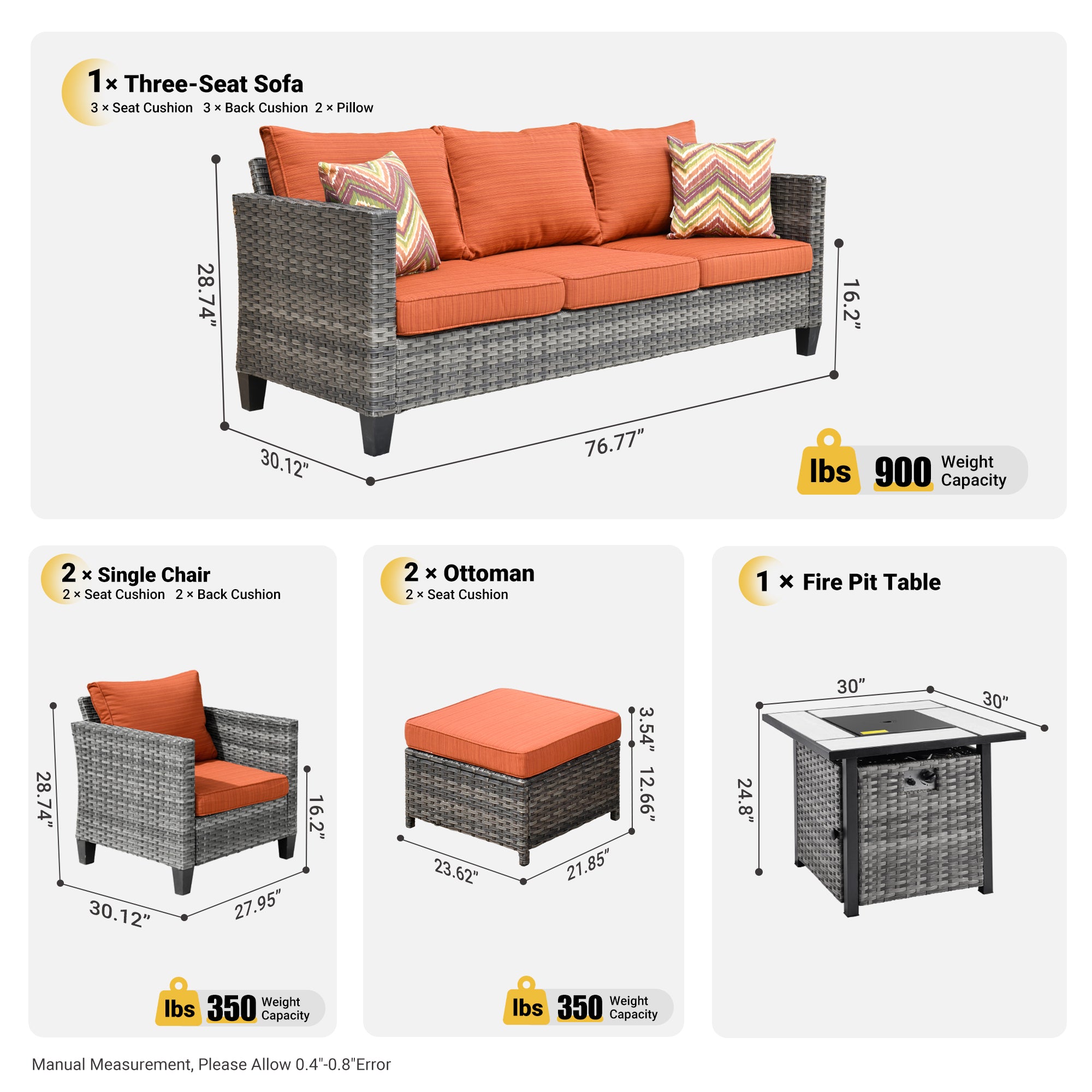 OVIOS 6pc wicker patio conversation set with orange cushions & 30'' wicker fire pit table Orange Cushion