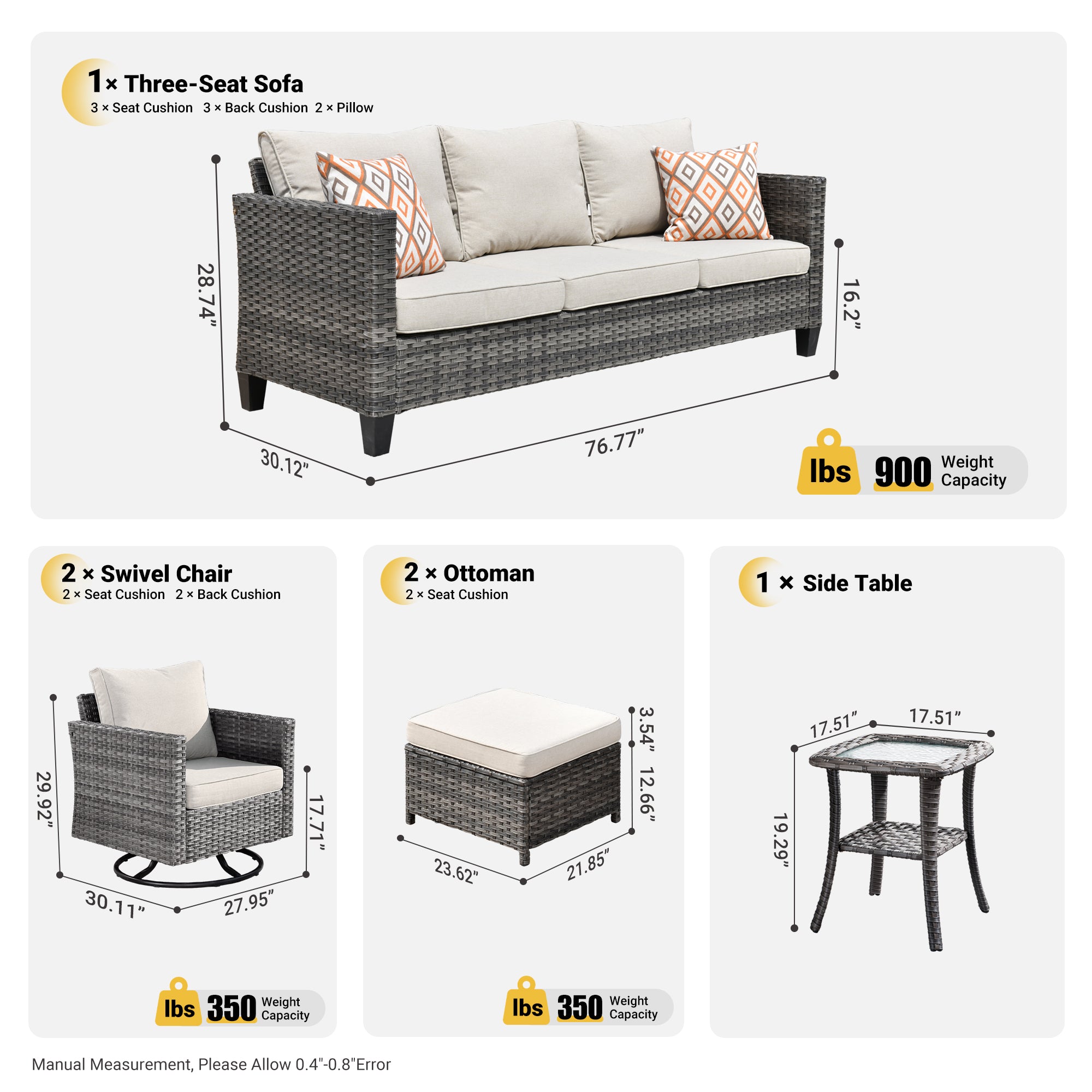 Ovios Patio Furniture Set 6-Piece with Swivel Rocking Chairs and Table