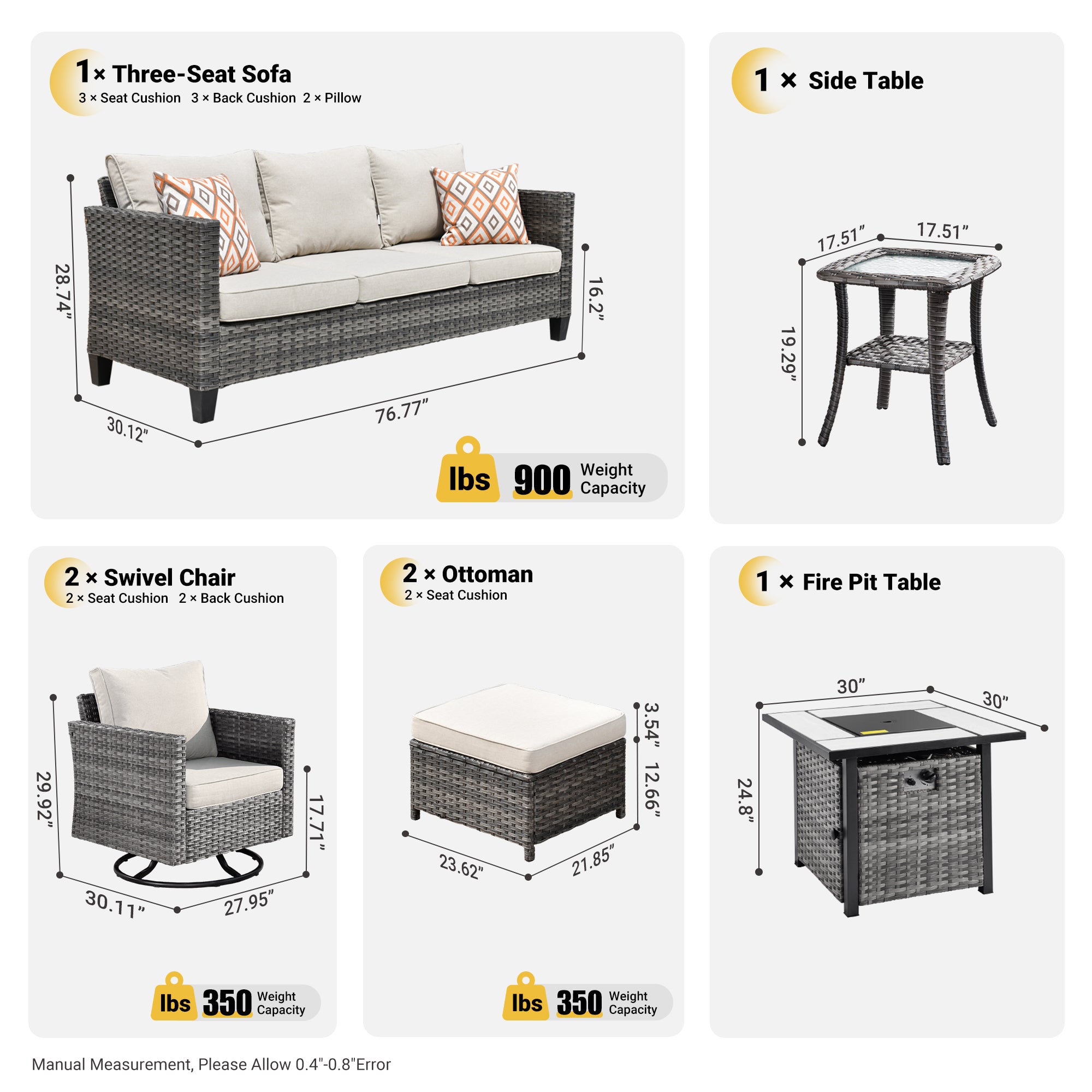OVIOS Patio Vultros 7-Piece Set With Swivel Chair and Rectangle 42'' Propane Fire Pit Table