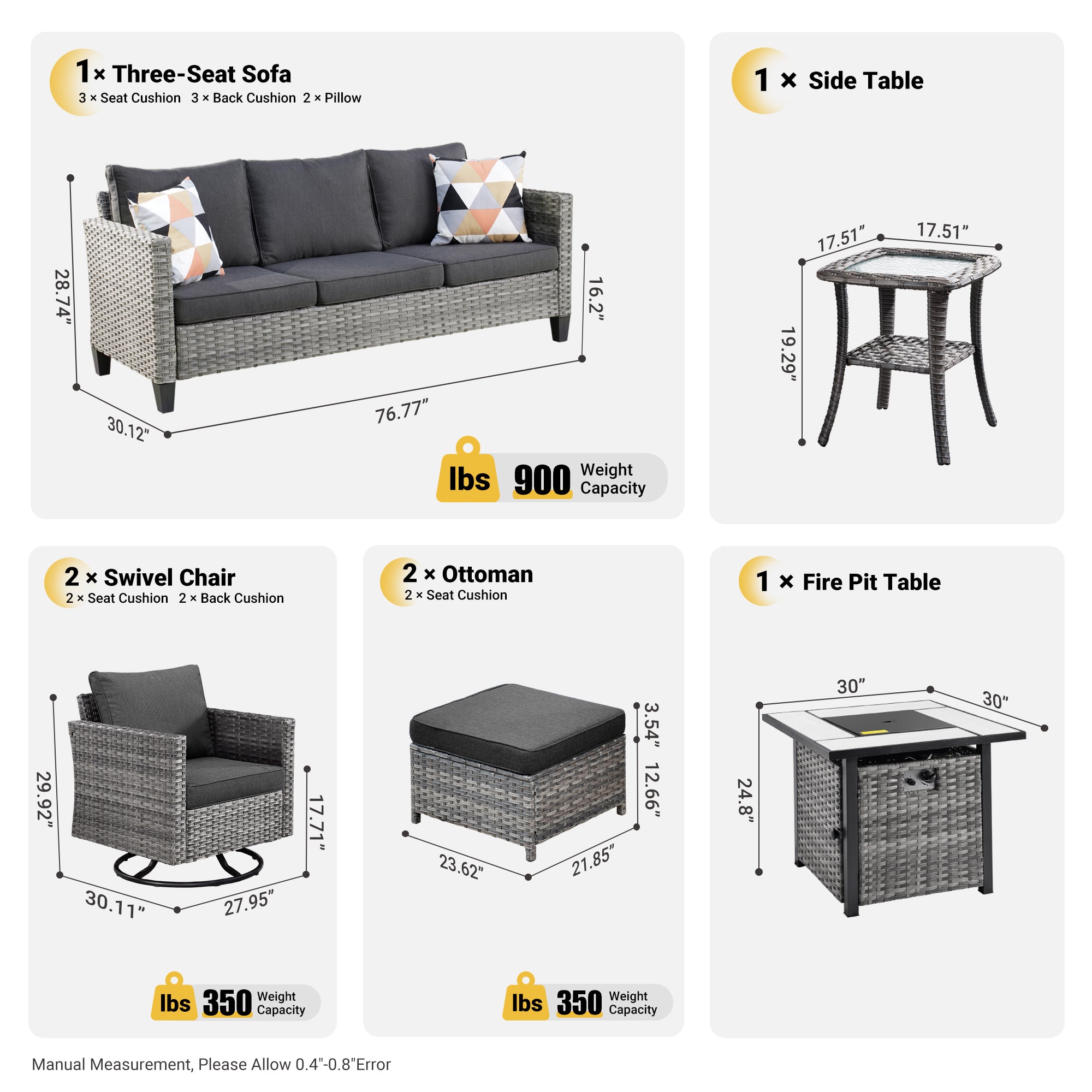 OVIOS Patio Vultros 7-Piece Set With Swivel Chair and Rectangle 42'' Propane Fire Pit Table